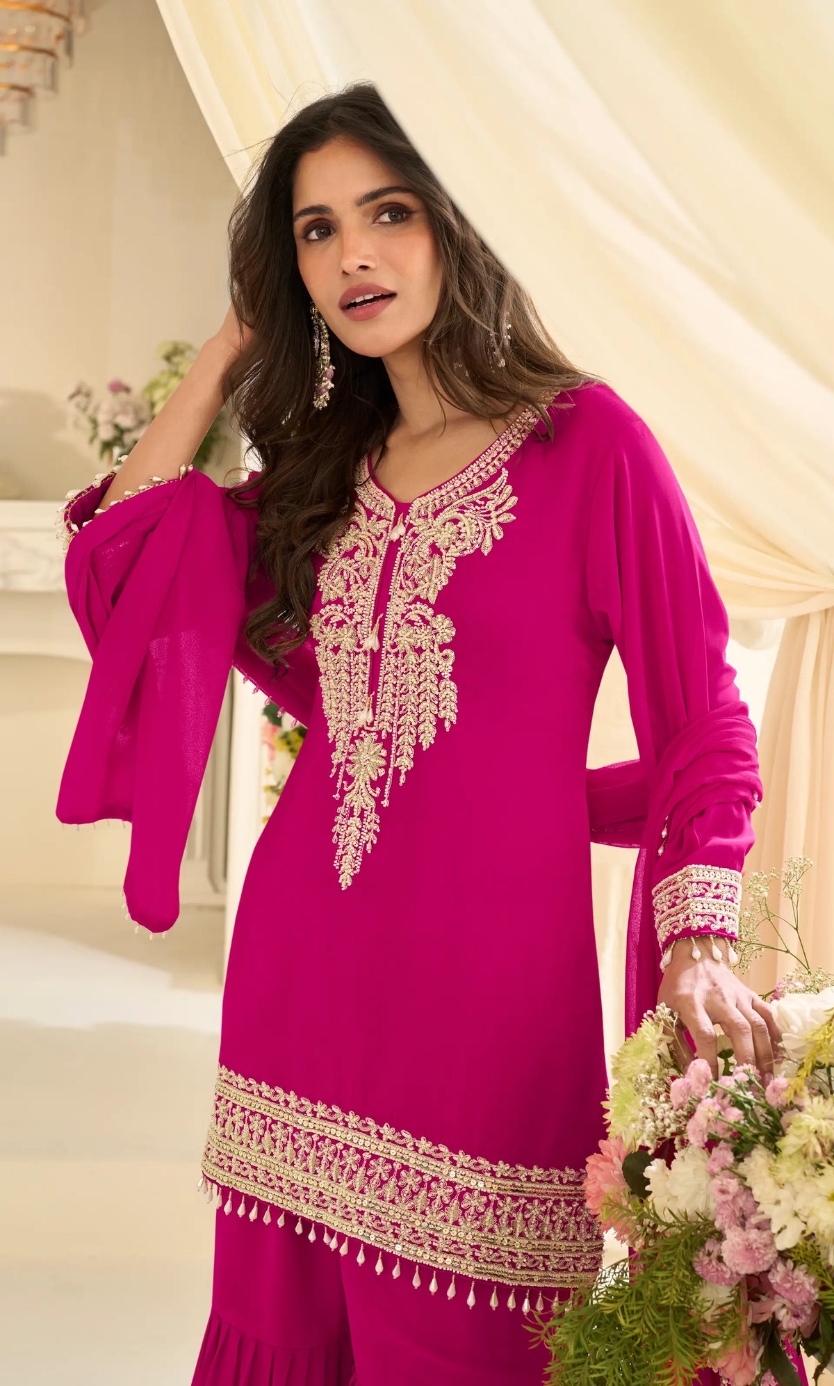 Rani Pink Georgette Embroidered Sharara Suit with Sequins Work & Matching Dupatta