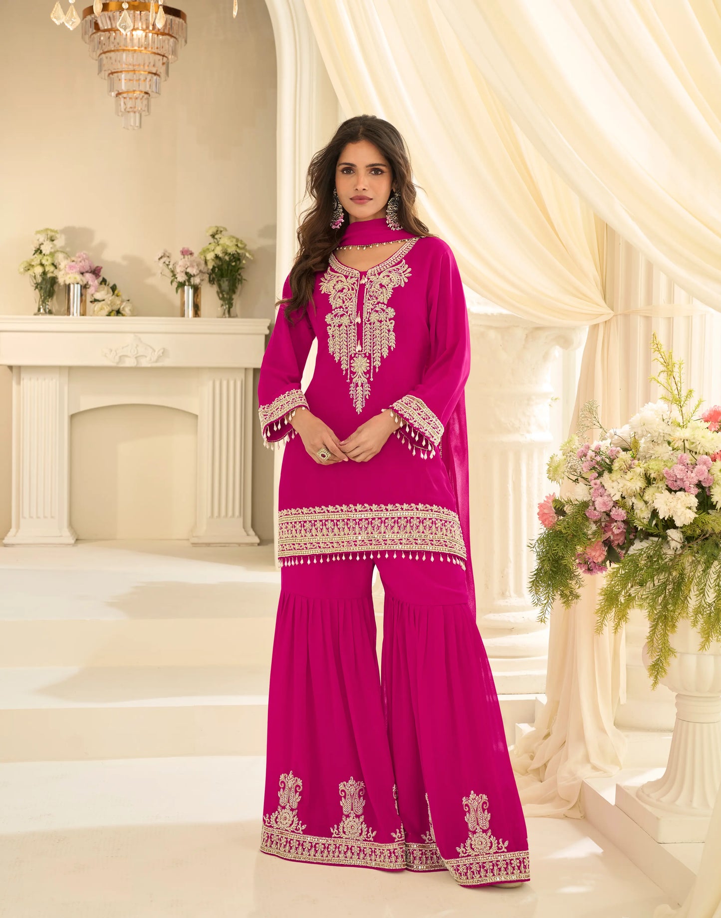 Rani Pink Georgette Embroidered Sharara Suit with Sequins Work & Matching Dupatta