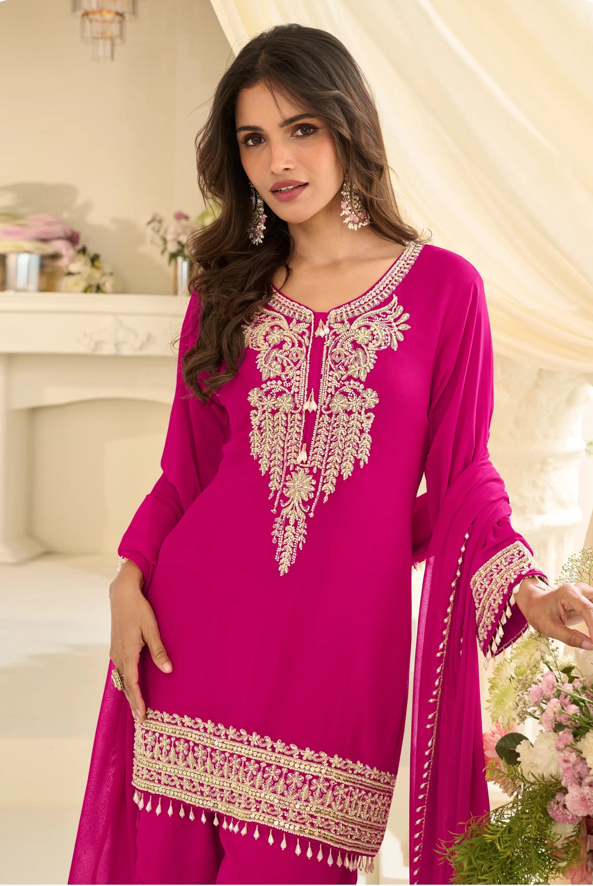 Rani Pink Georgette Embroidered Sharara Suit with Sequins Work & Matching Dupatta