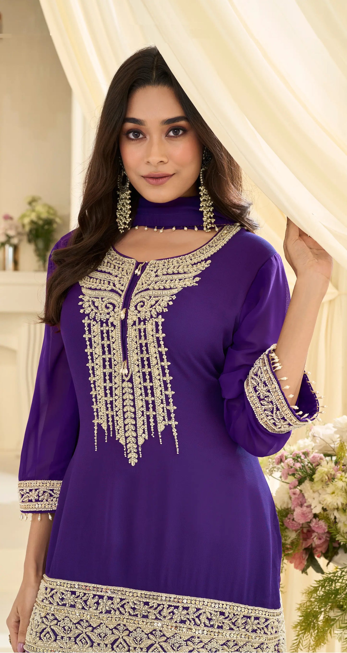 Purple Georgette Embroidered Sharara Suit with Sequins Work & Matching Dupatta