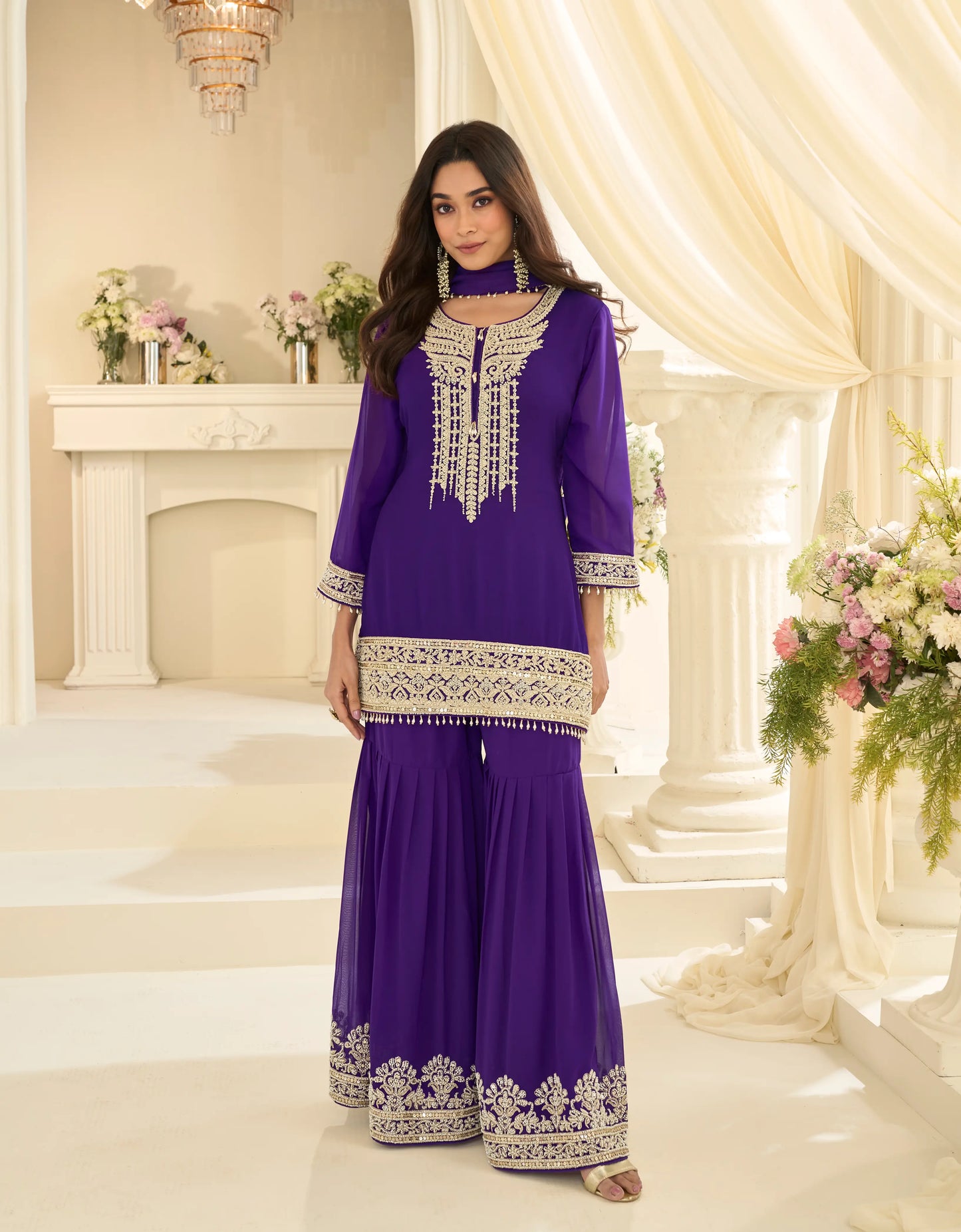 Purple Georgette Embroidered Sharara Suit with Sequins Work & Matching Dupatta