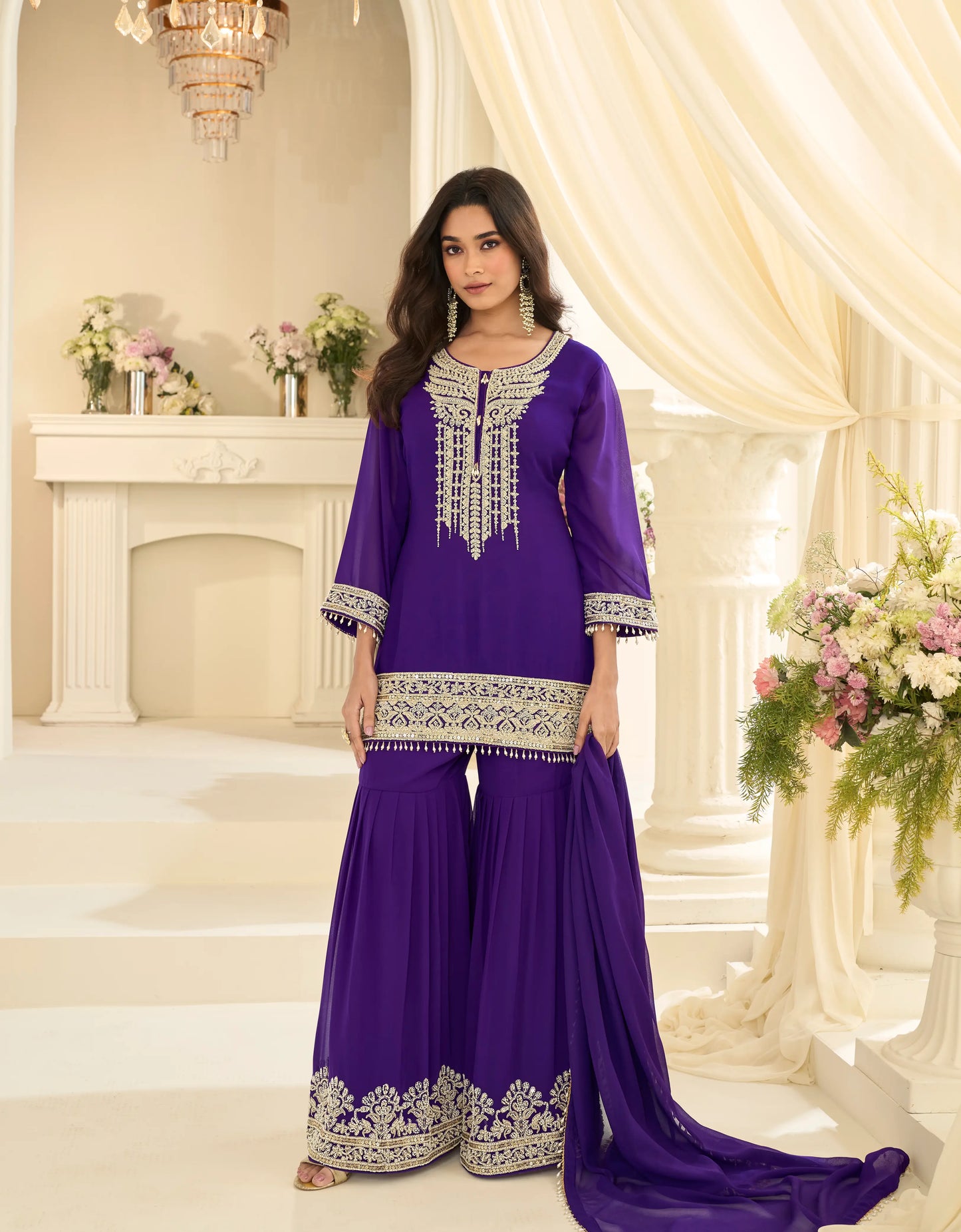 Purple Georgette Embroidered Sharara Suit with Sequins Work & Matching Dupatta