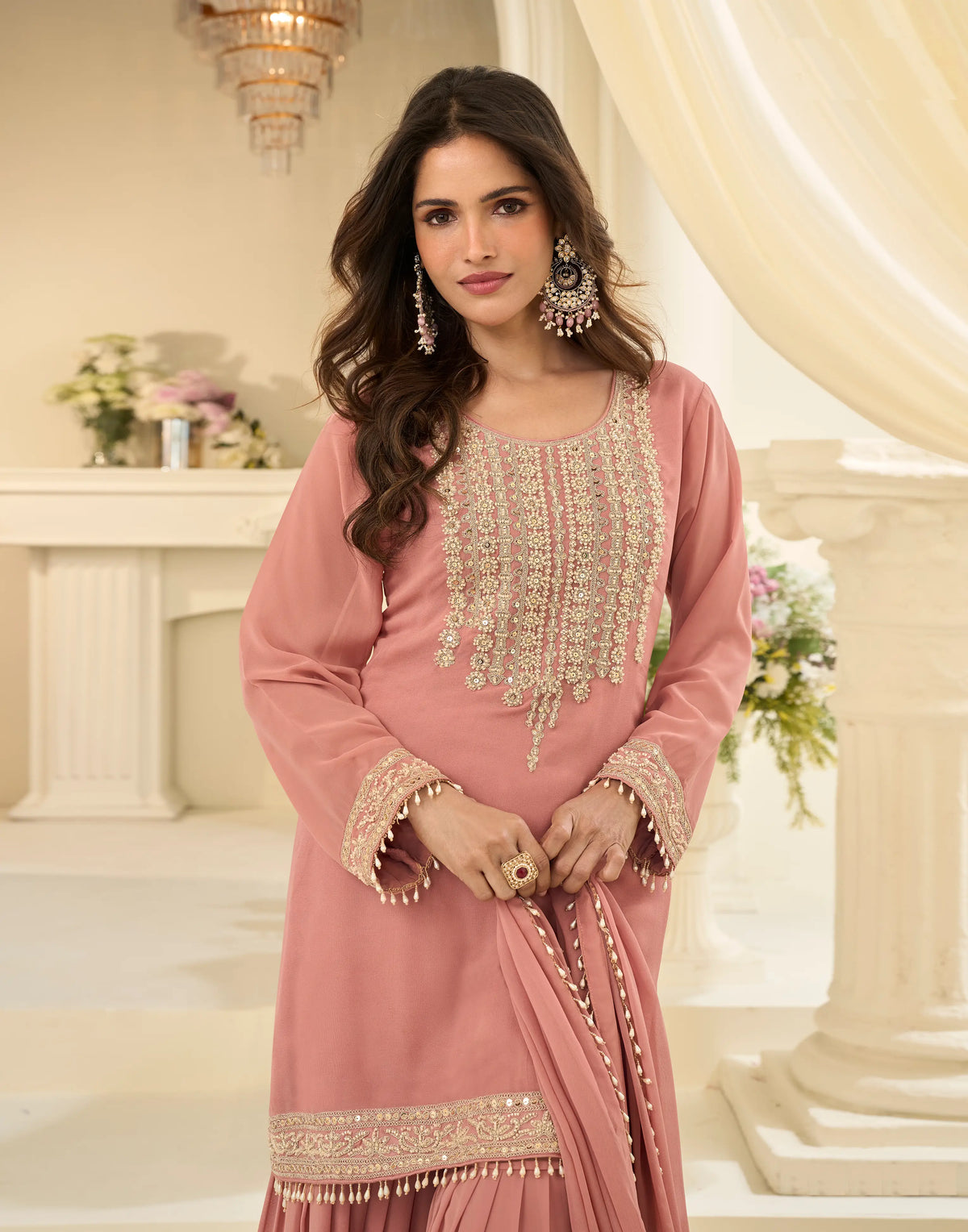 Peach Georgette Embroidered Sharara Suit with Sequins Work & Matching Dupatta