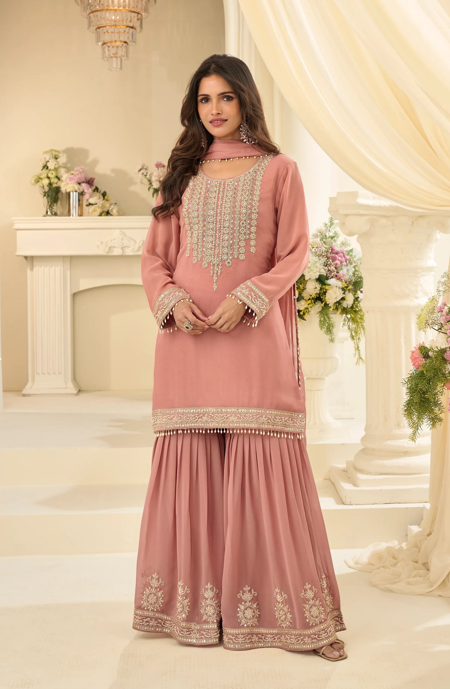 Peach Georgette Embroidered Sharara Suit with Sequins Work & Matching Dupatta
