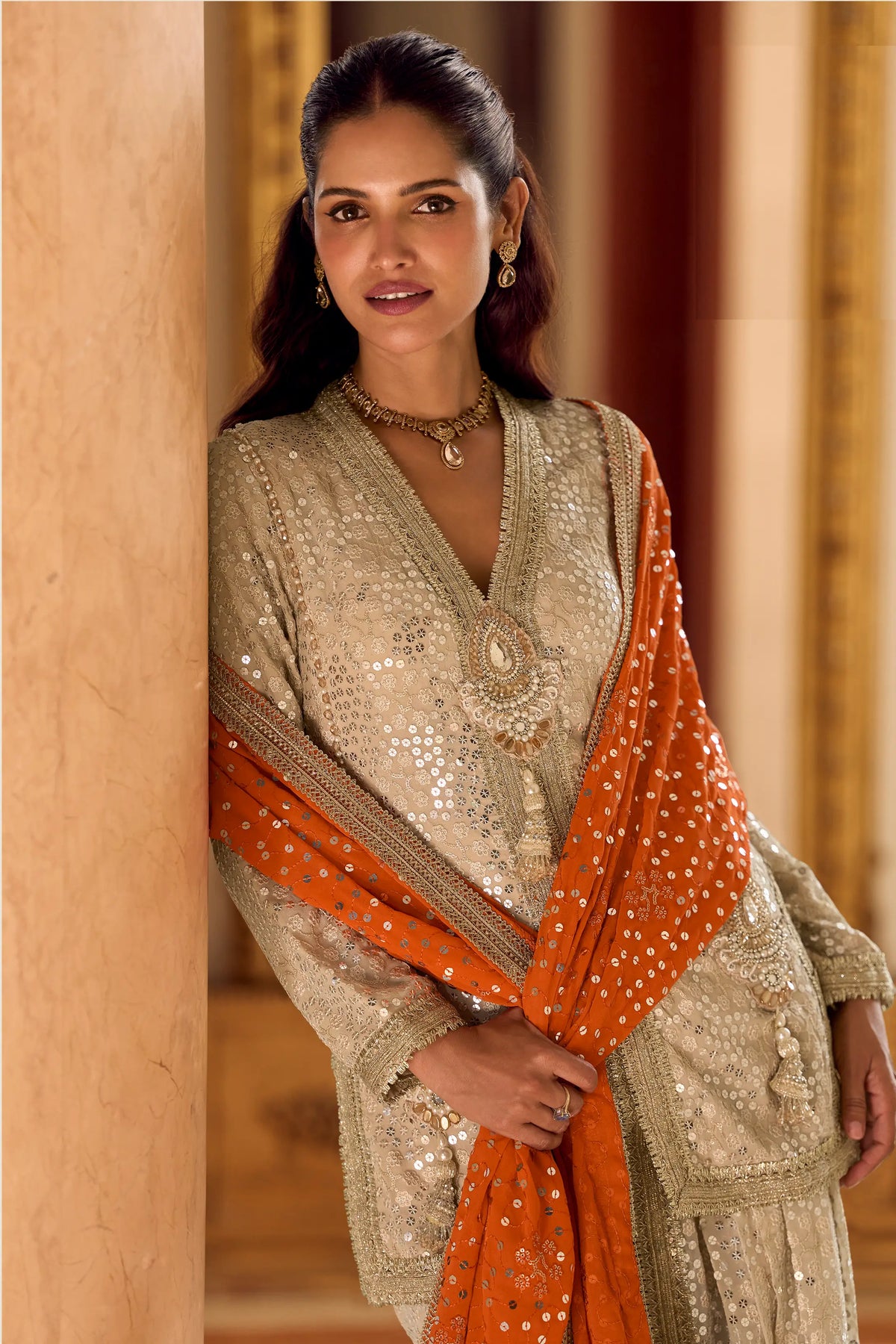 Cream Georgette Embroidered Kurta Dhoti Set with Orange Dupatta