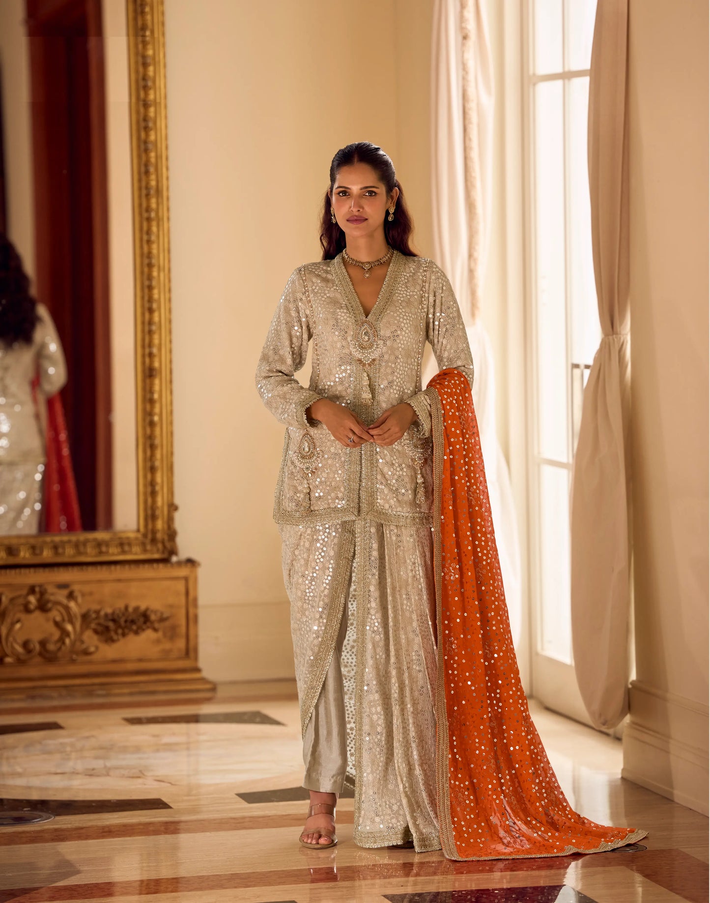 Cream Georgette Embroidered Kurta Dhoti Set with Orange Dupatta
