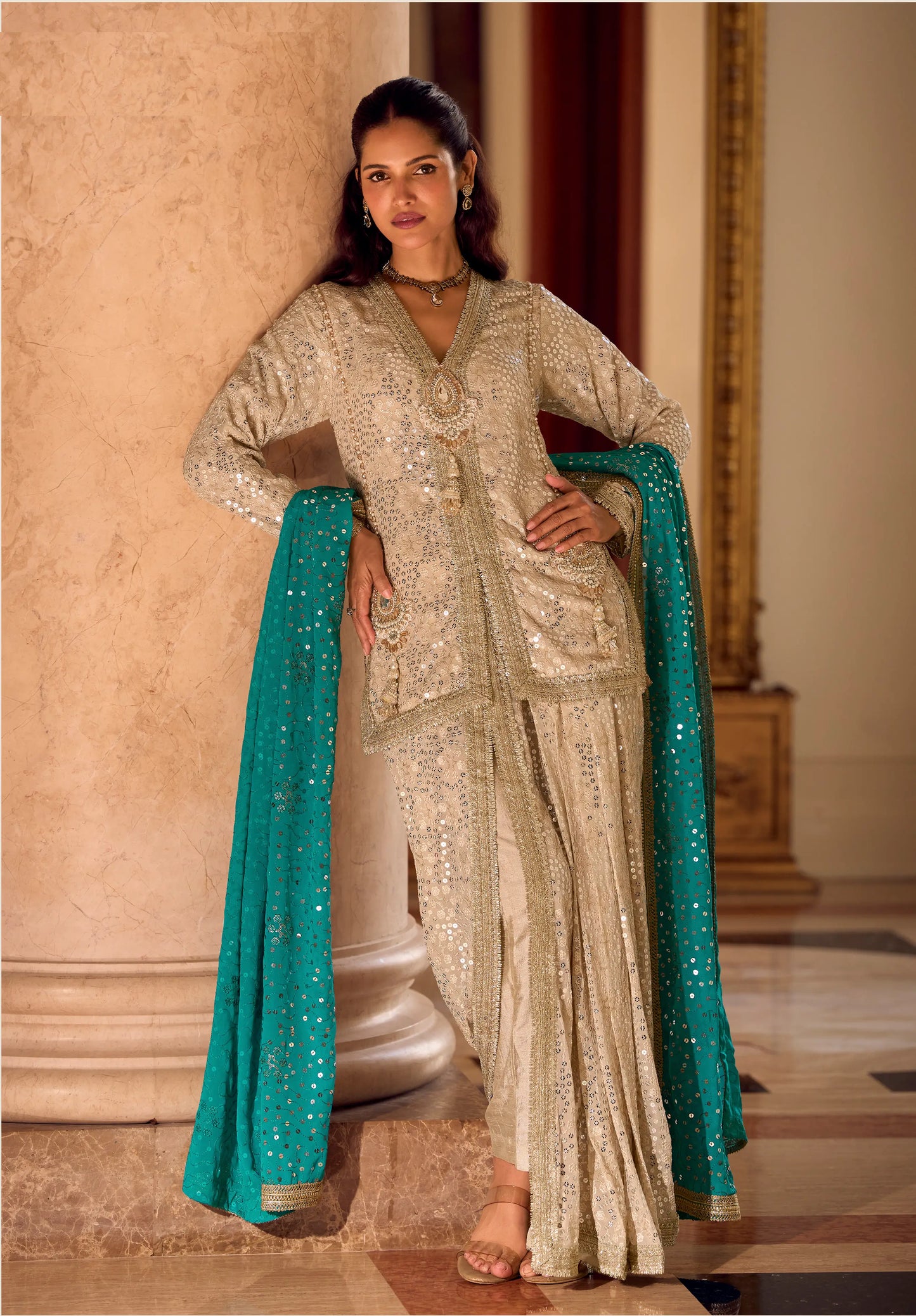 Cream Georgette Embroidered Kurta Dhoti Set with Rama Green Dupatta