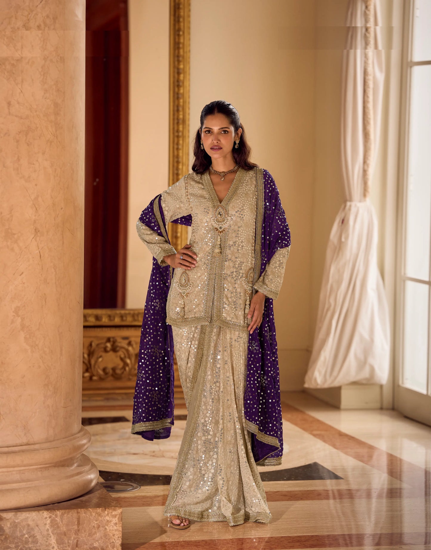 Cream Georgette Embroidered Kurta Dhoti Set with Purple Dupatta