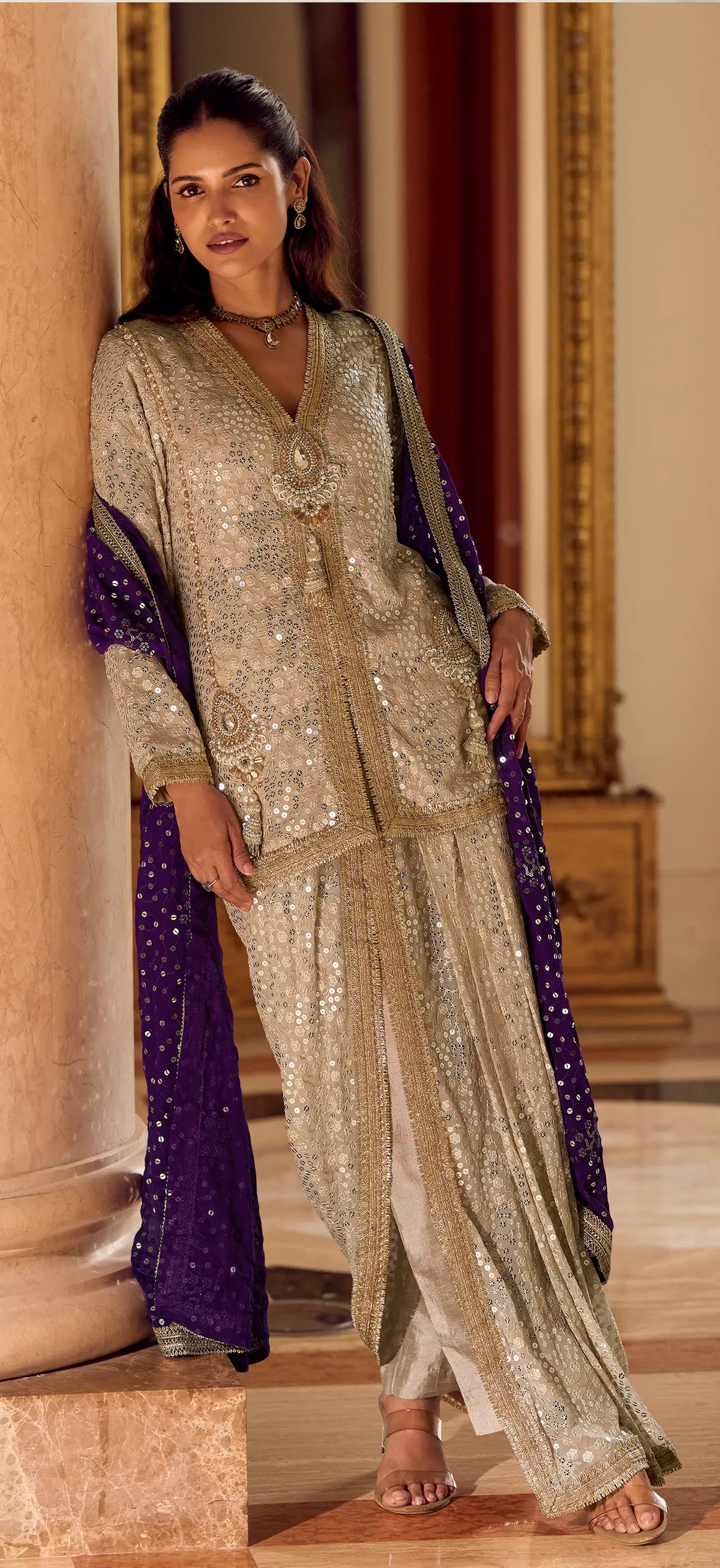 Cream Georgette Embroidered Kurta Dhoti Set with Purple Dupatta