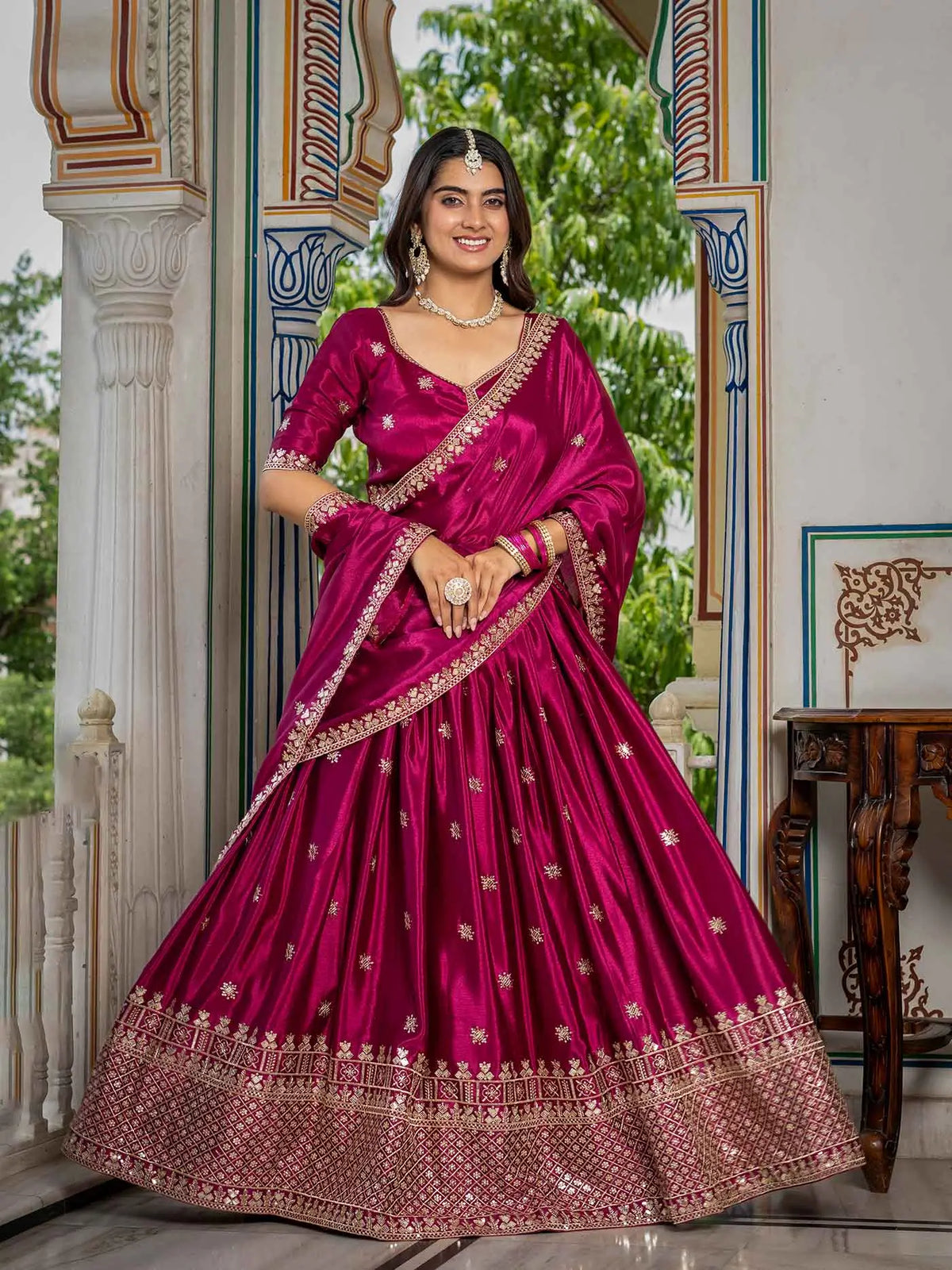 Cherry Pink Sequins Embroidery Lehenga Choli