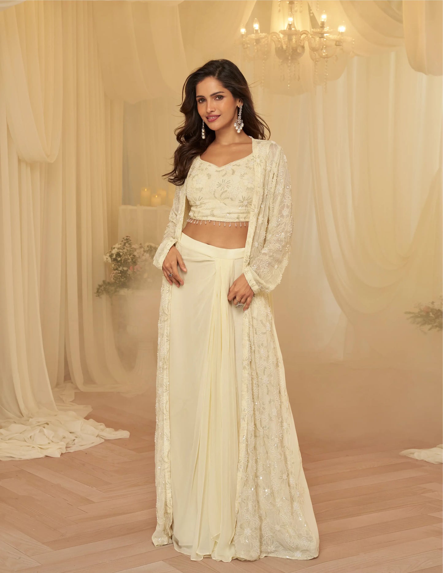 Luxury Cream Georgette Embroidered Indo-Western Set with Long Shrug