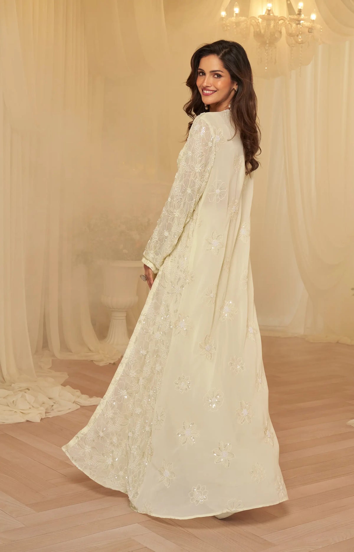 Luxury Cream Georgette Embroidered Indo-Western Set with Long Shrug