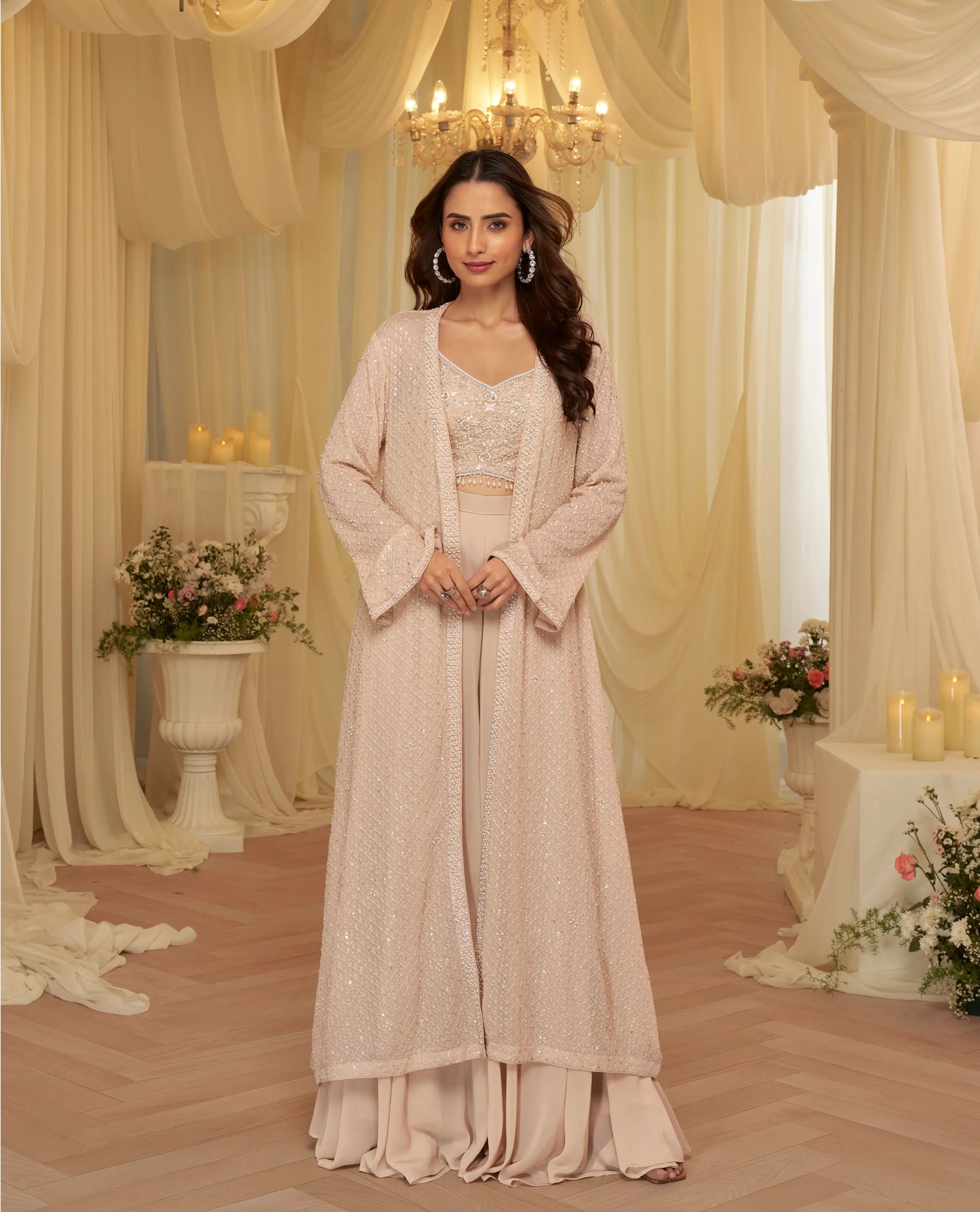 Luxury Beige Georgette Embroidered Indo-Western Set with Long Shrug