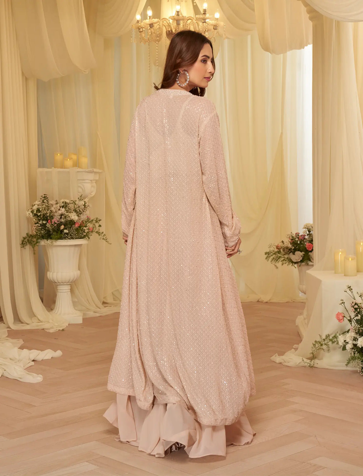 Luxury Beige Georgette Embroidered Indo-Western Set with Long Shrug