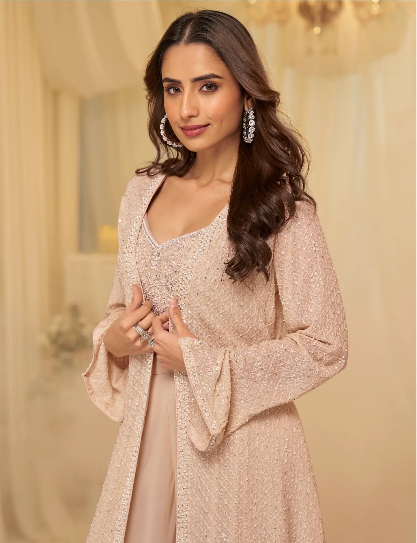 Luxury Beige Georgette Embroidered Indo-Western Set with Long Shrug