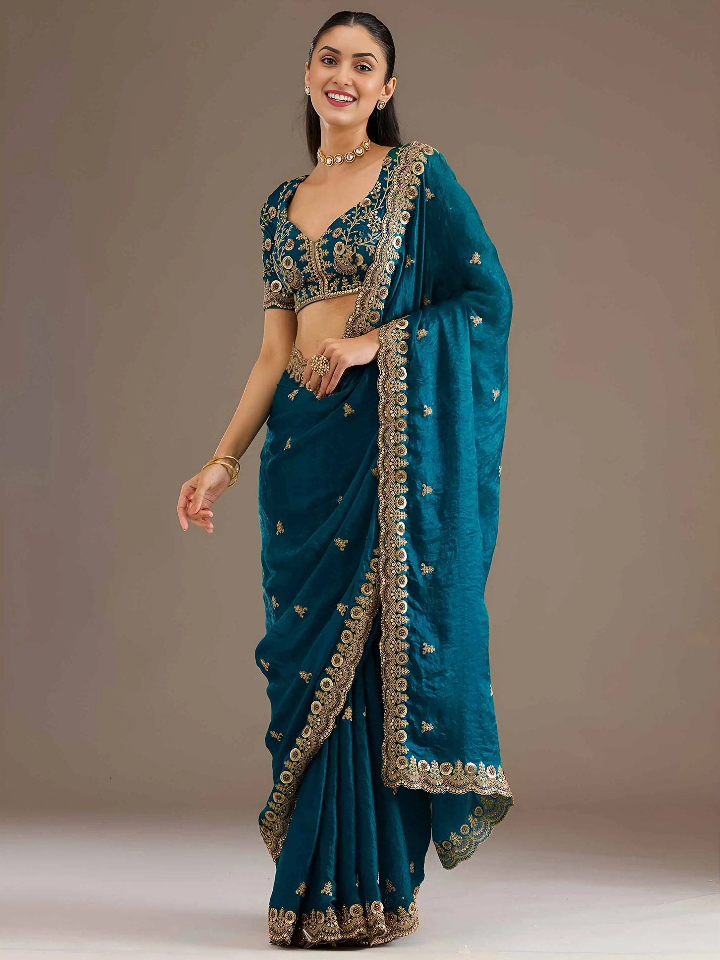 Dove Blue Embroidery Pearl Work Tissue Saree