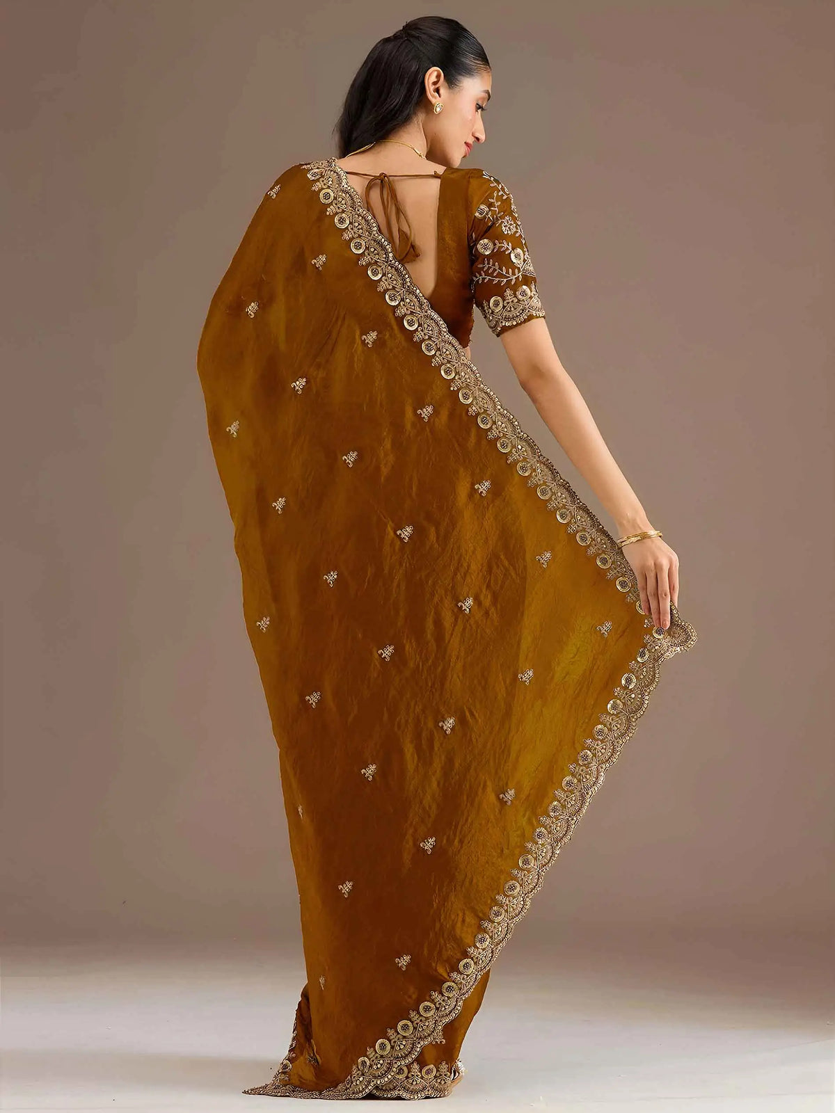 Gold Embroidery Pearl Work Tissue Saree