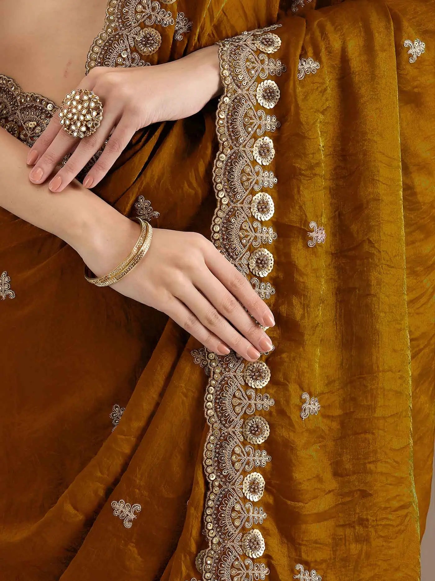 Gold Embroidery Pearl Work Tissue Saree