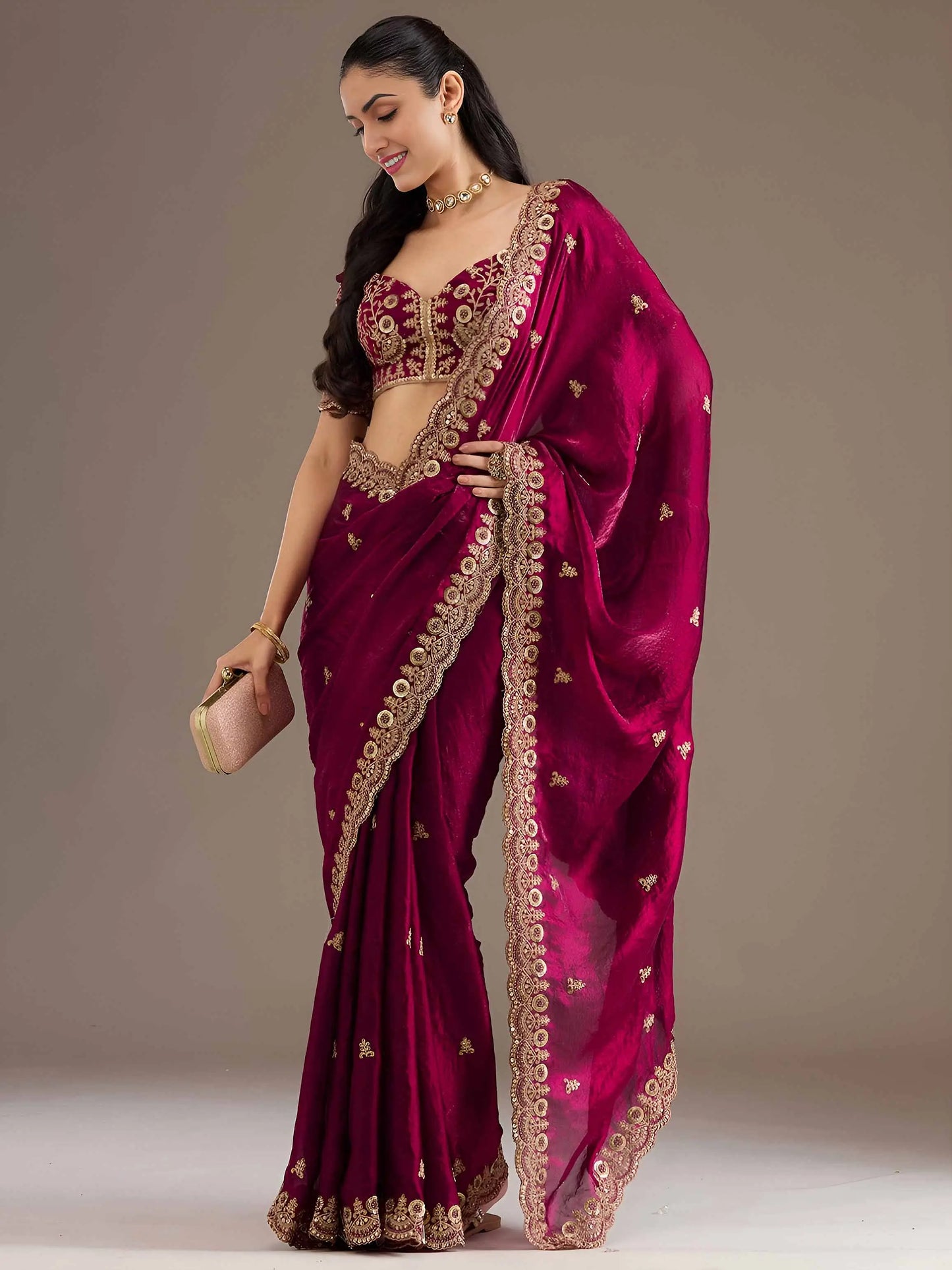Maroon Embroidery Pearl Work Tissue Saree