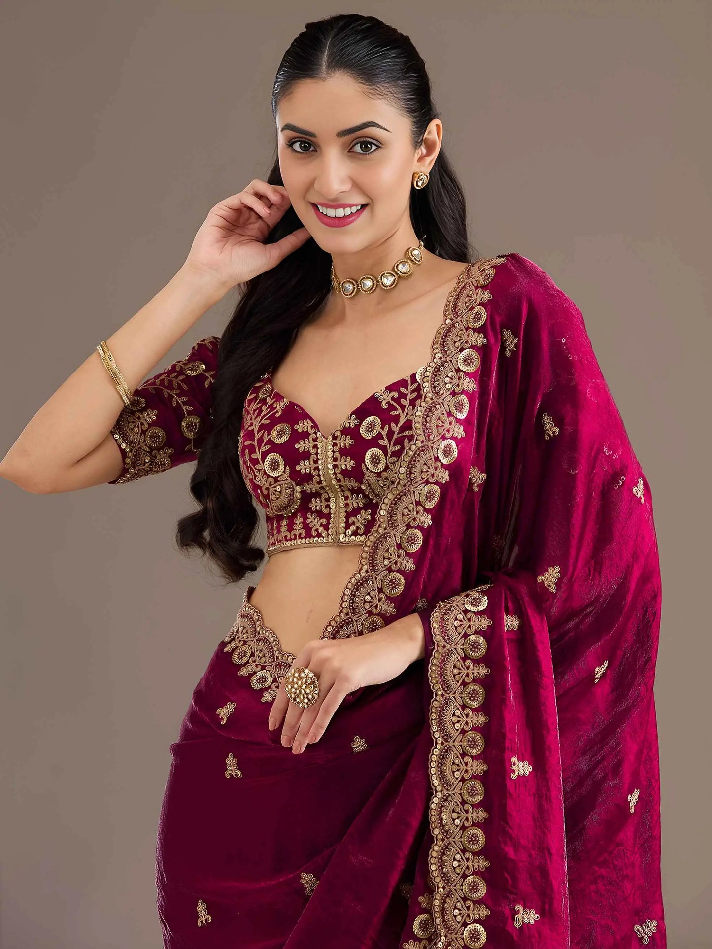 Maroon Embroidery Pearl Work Tissue Saree