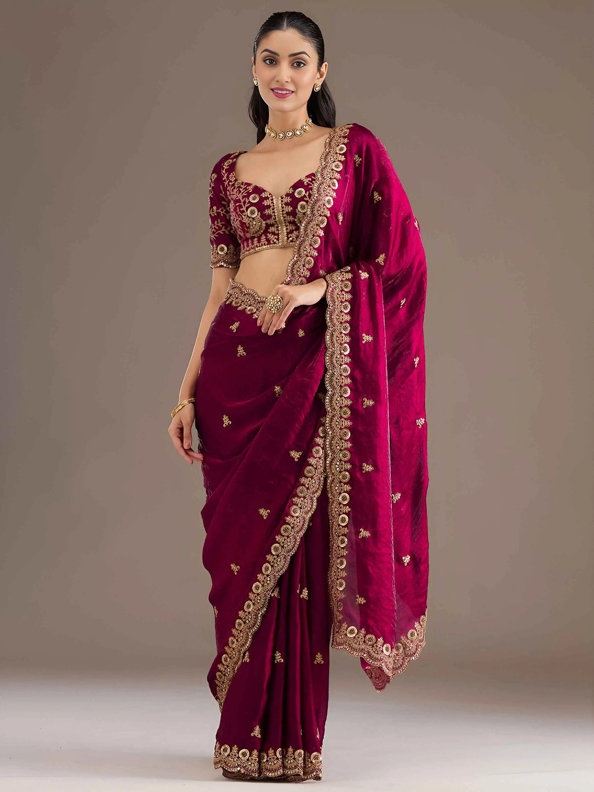 Maroon Embroidery Pearl Work Tissue Saree