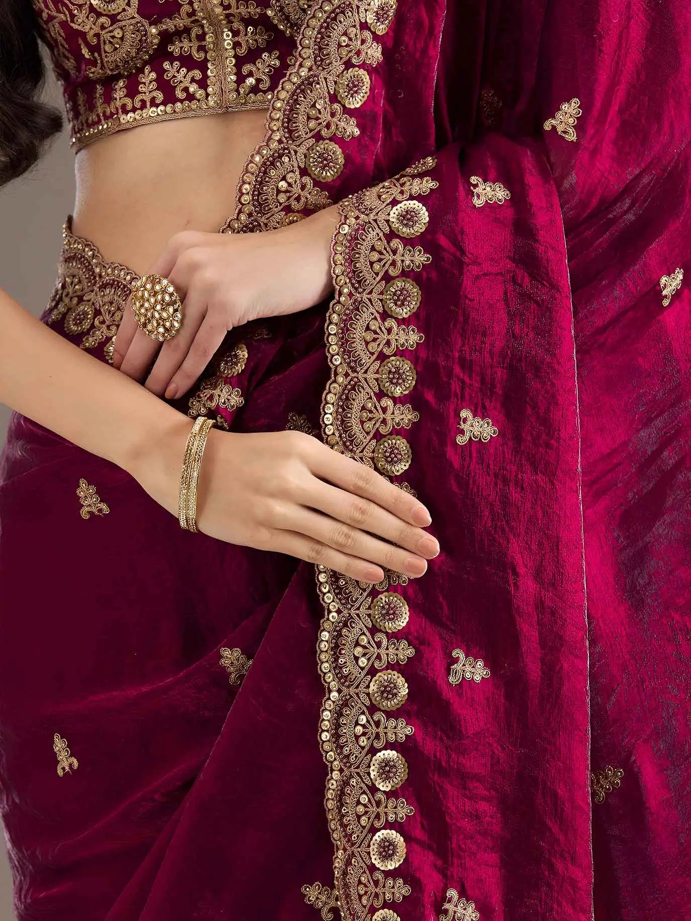 Maroon Embroidery Pearl Work Tissue Saree