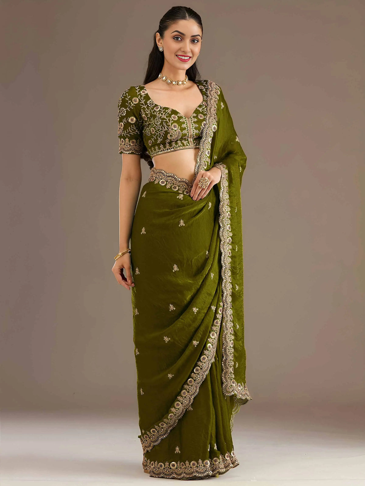 Olive Green Embroidery Pearl Work Tissue Saree