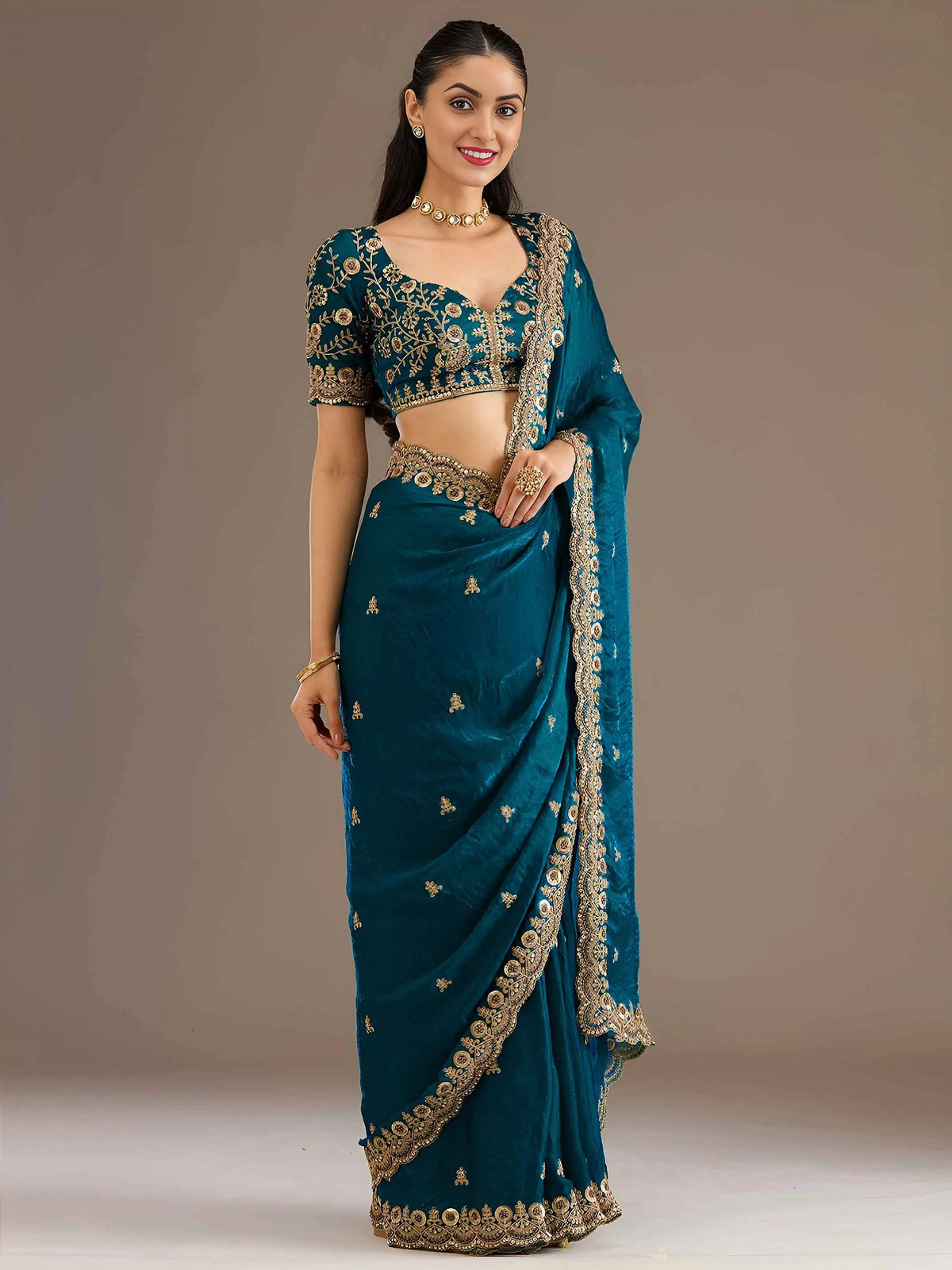 Dove Blue Embroidery Pearl Work Tissue Saree