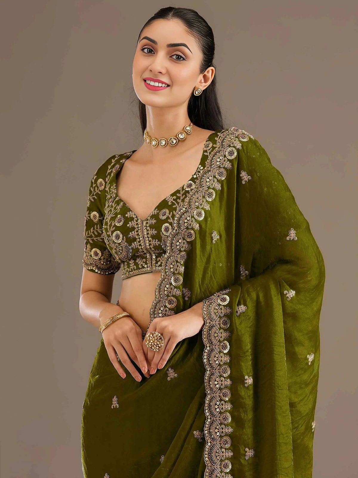 Olive Green Embroidery Pearl Work Tissue Saree