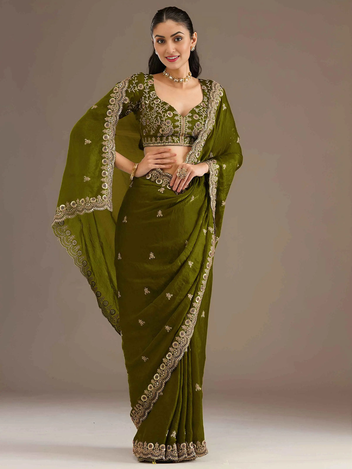 Olive Green Embroidery Pearl Work Tissue Saree