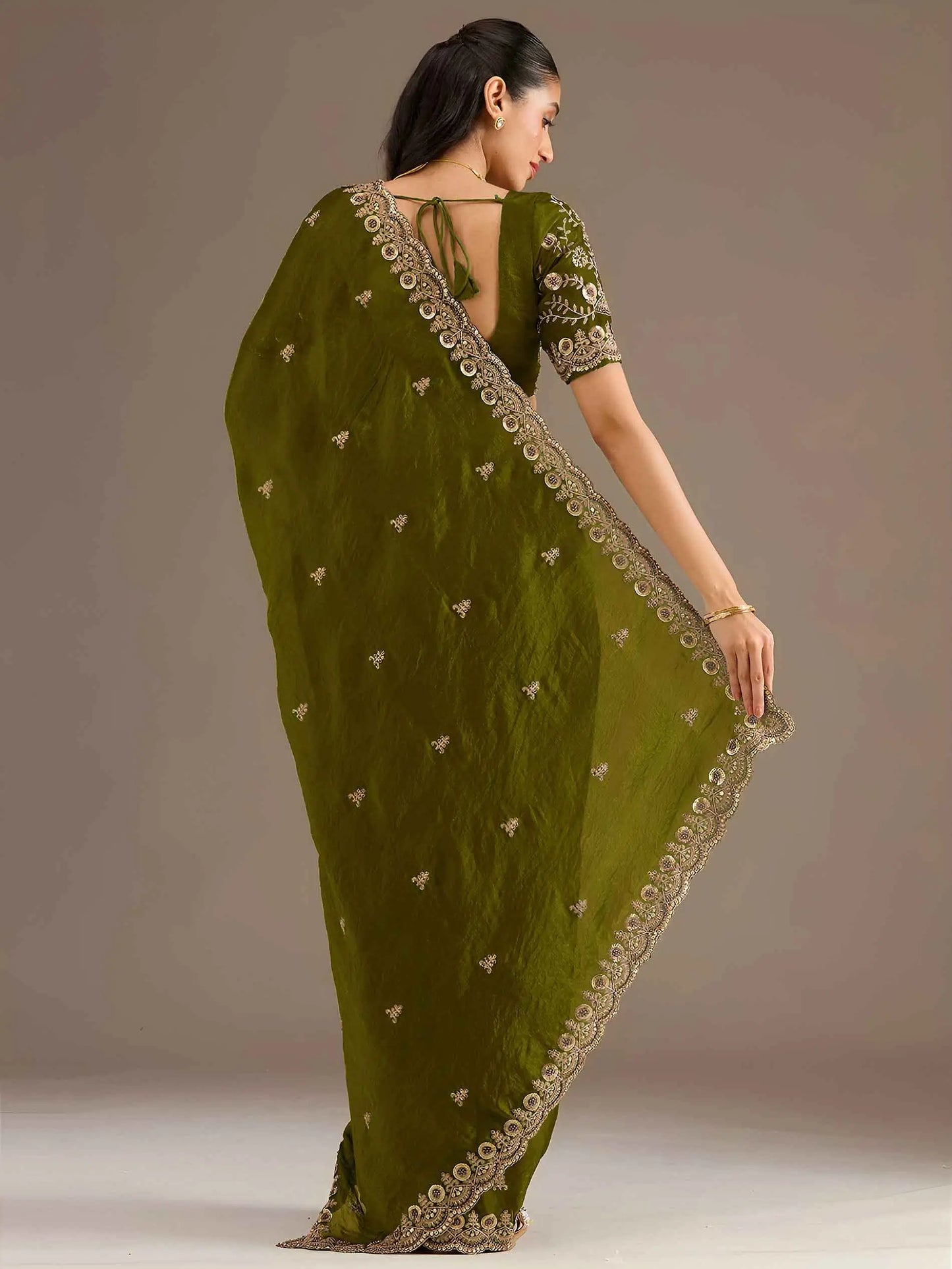 Olive Green Embroidery Pearl Work Tissue Saree