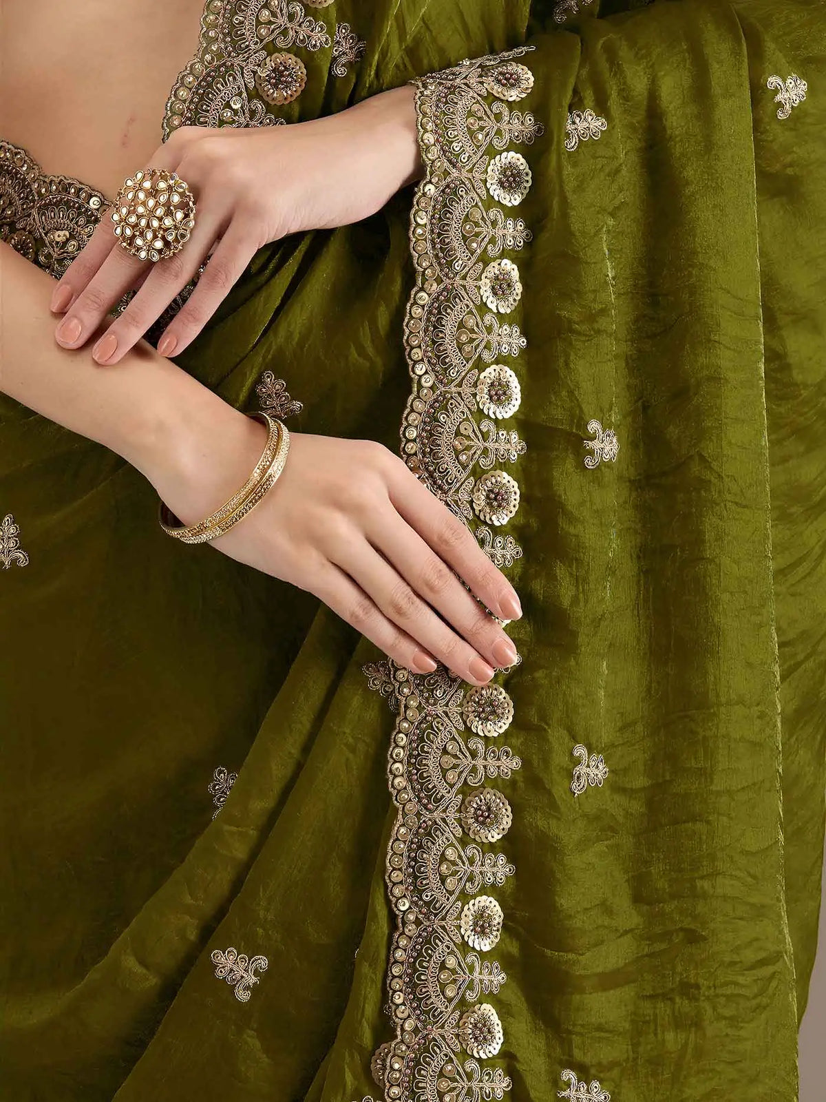 Olive Green Embroidery Pearl Work Tissue Saree