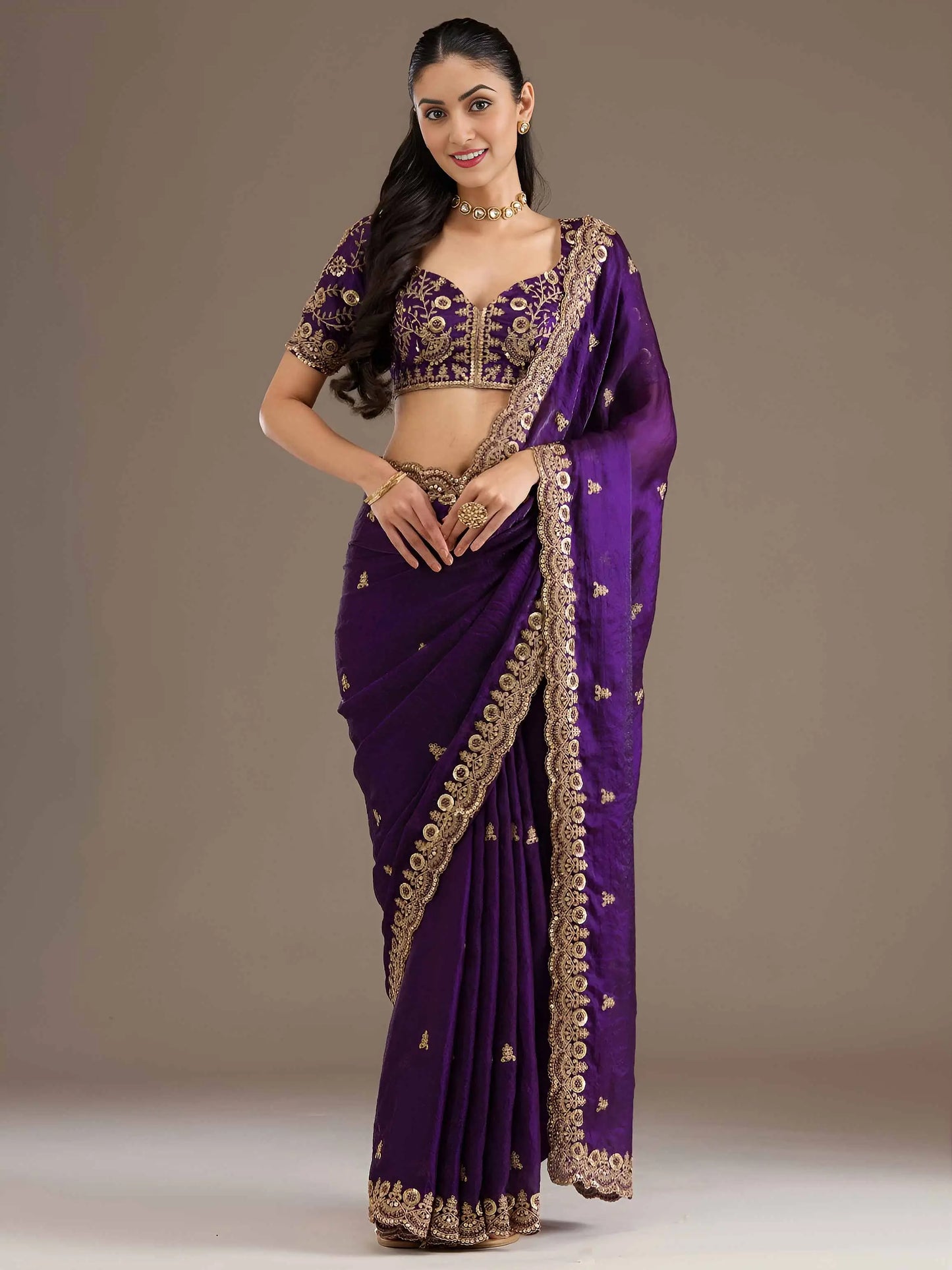 Purple Embroidery Pearl Work Tissue Saree