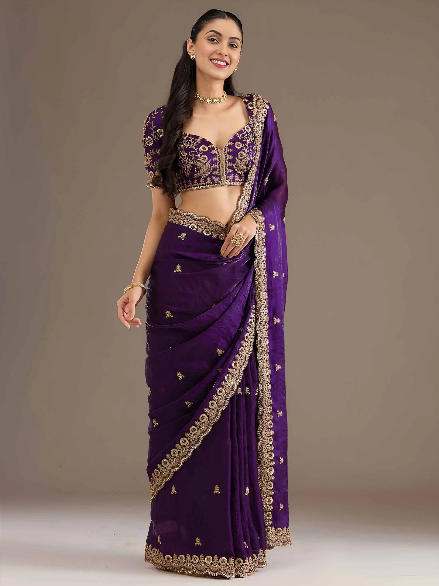 Purple Embroidery Pearl Work Tissue Saree