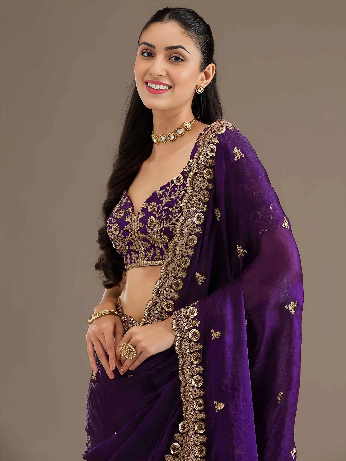 Purple Embroidery Pearl Work Tissue Saree