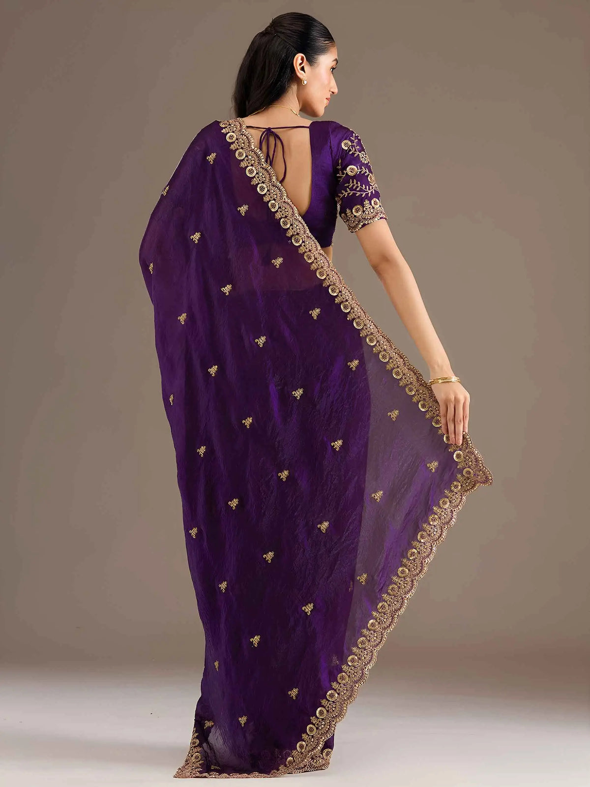 Purple Embroidery Pearl Work Tissue Saree