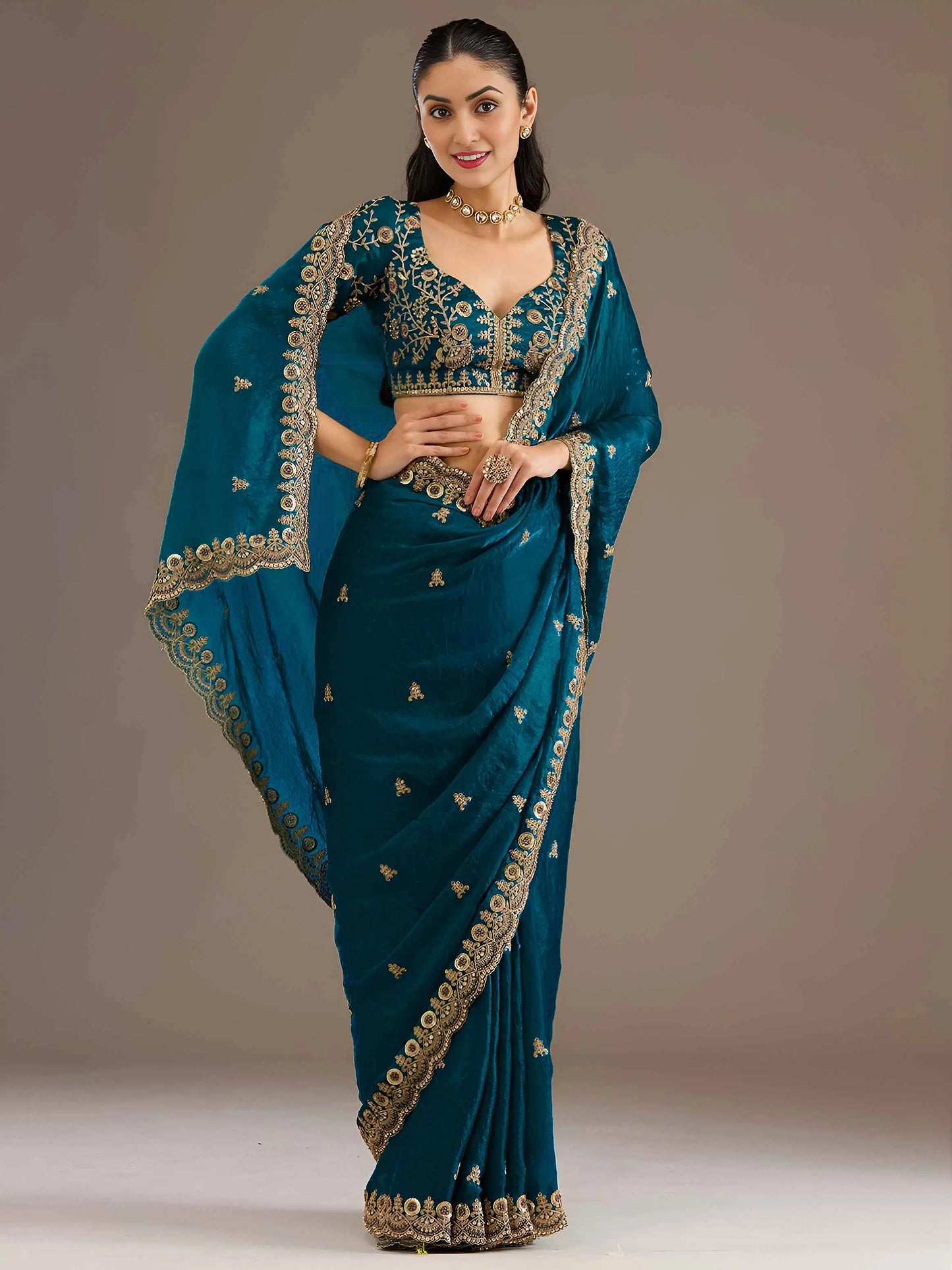 Dove Blue Embroidery Pearl Work Tissue Saree