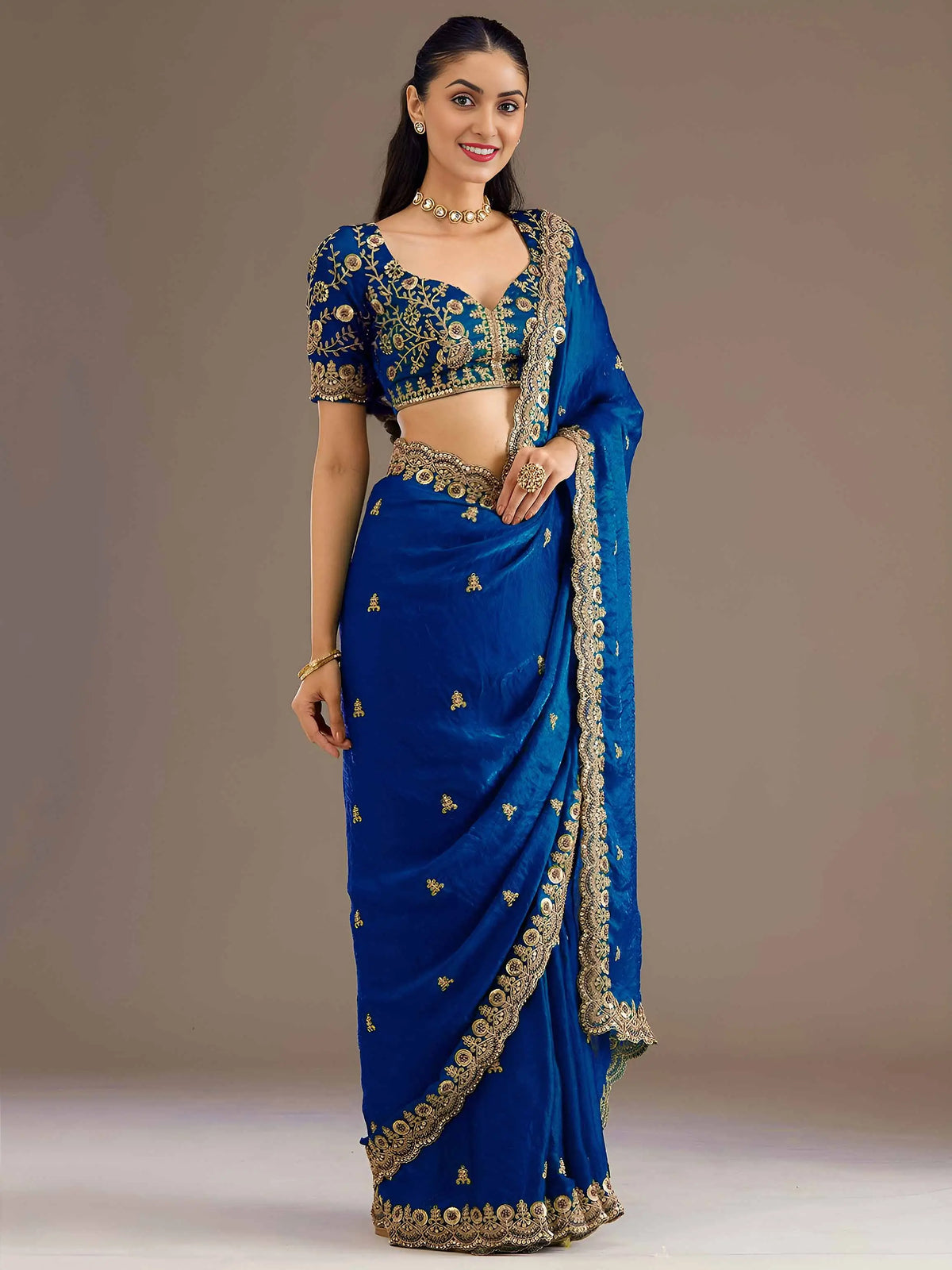 Royal Blue Embroidery Pearl Work Tissue Saree