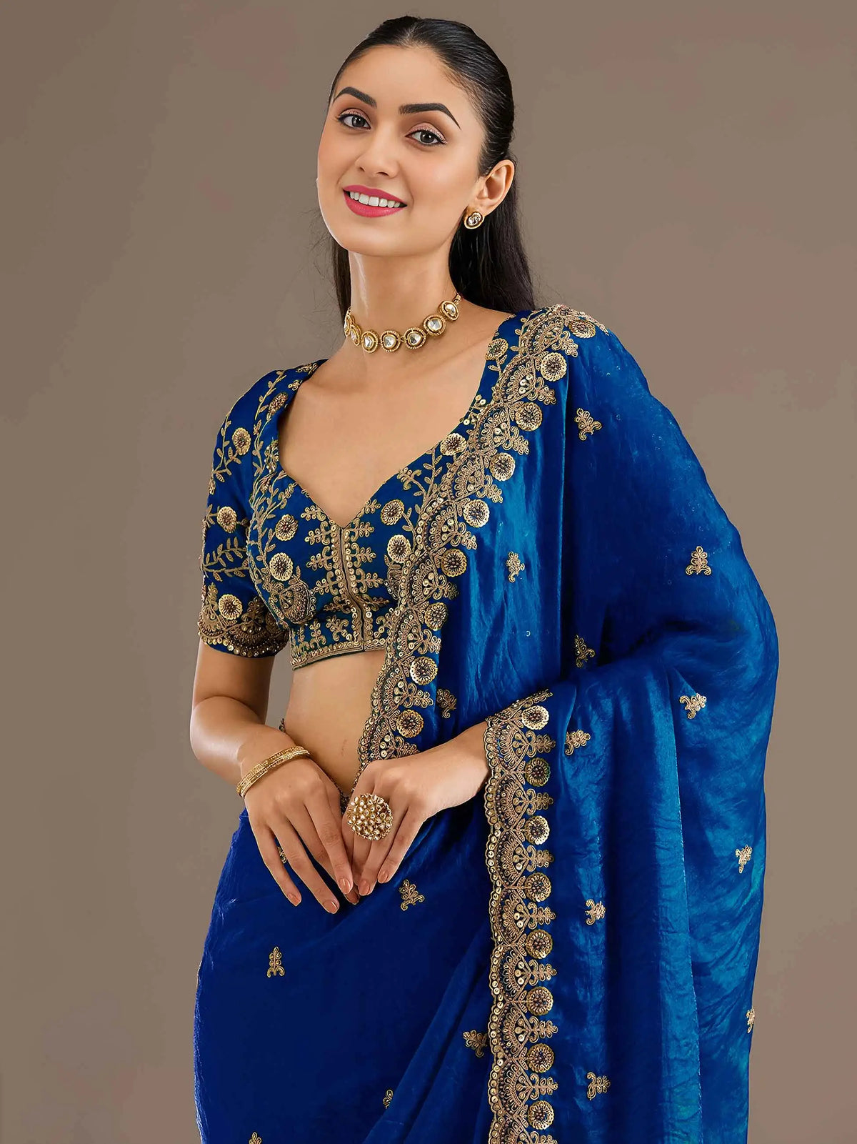 Royal Blue Embroidery Pearl Work Tissue Saree