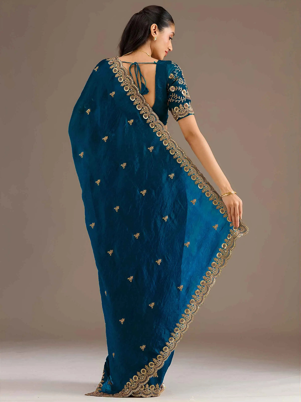 Dove Blue Embroidery Pearl Work Tissue Saree