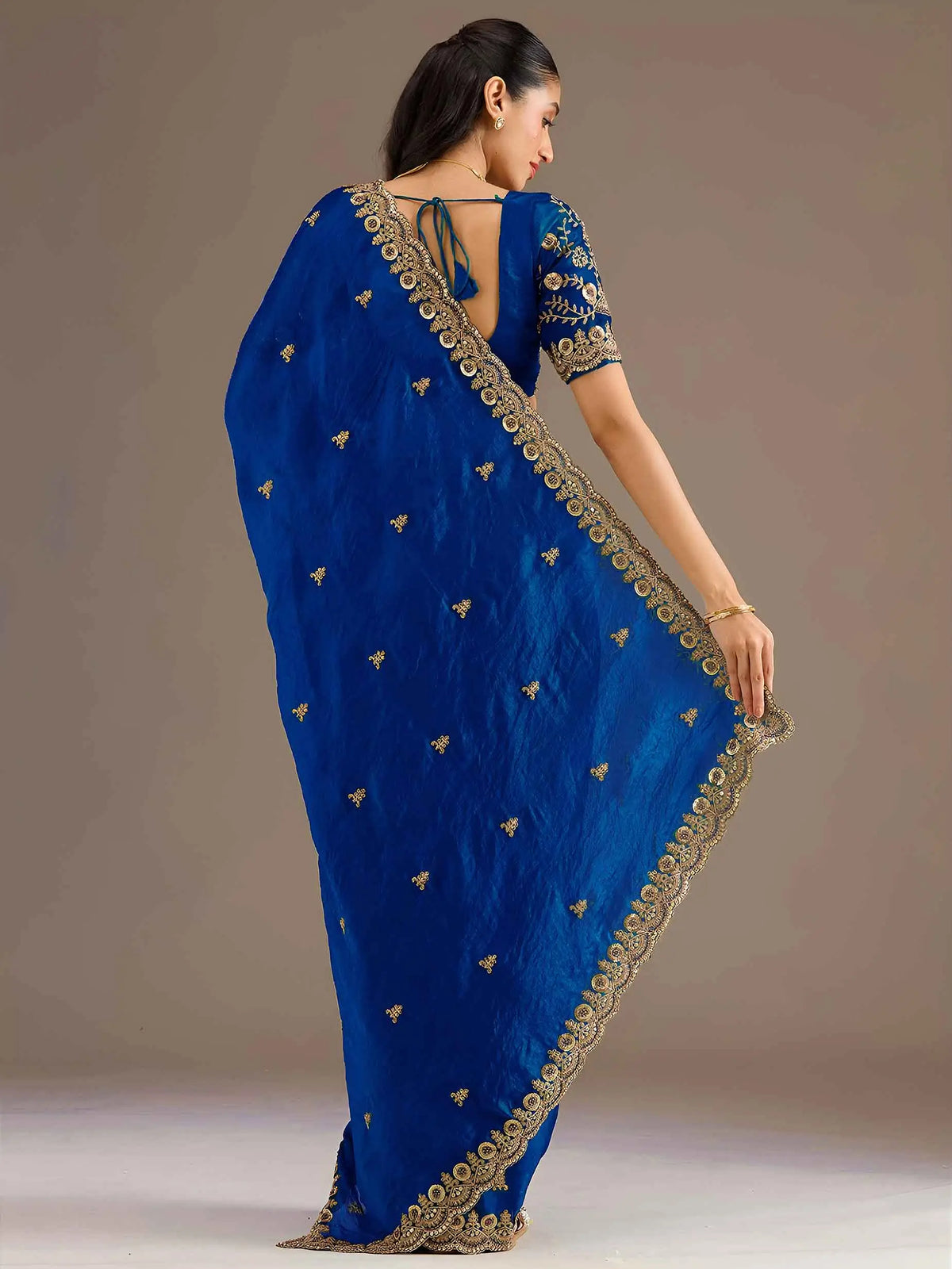 Royal Blue Embroidery Pearl Work Tissue Saree