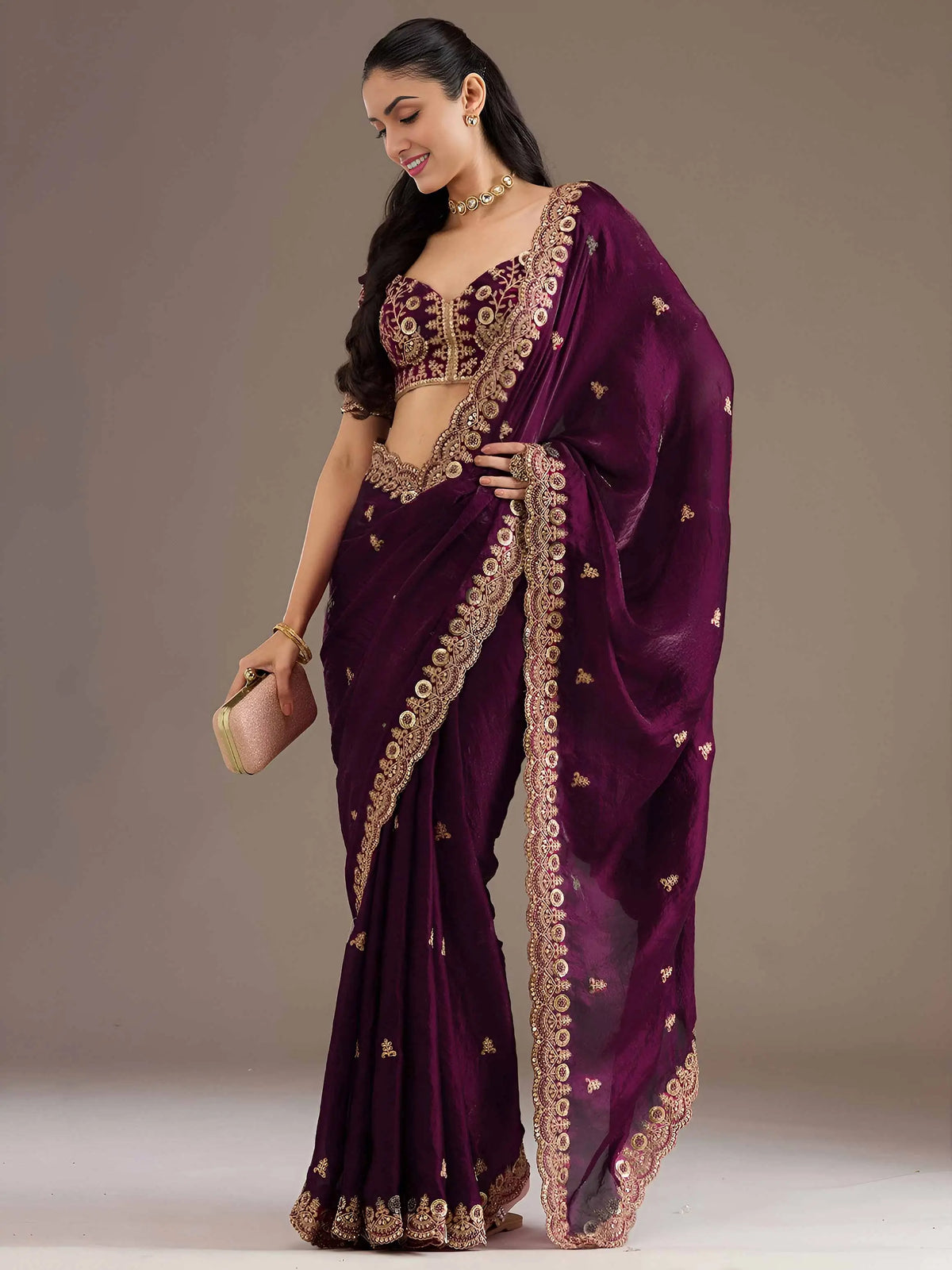 Wine Embroidery Pearl Work Tissue Saree