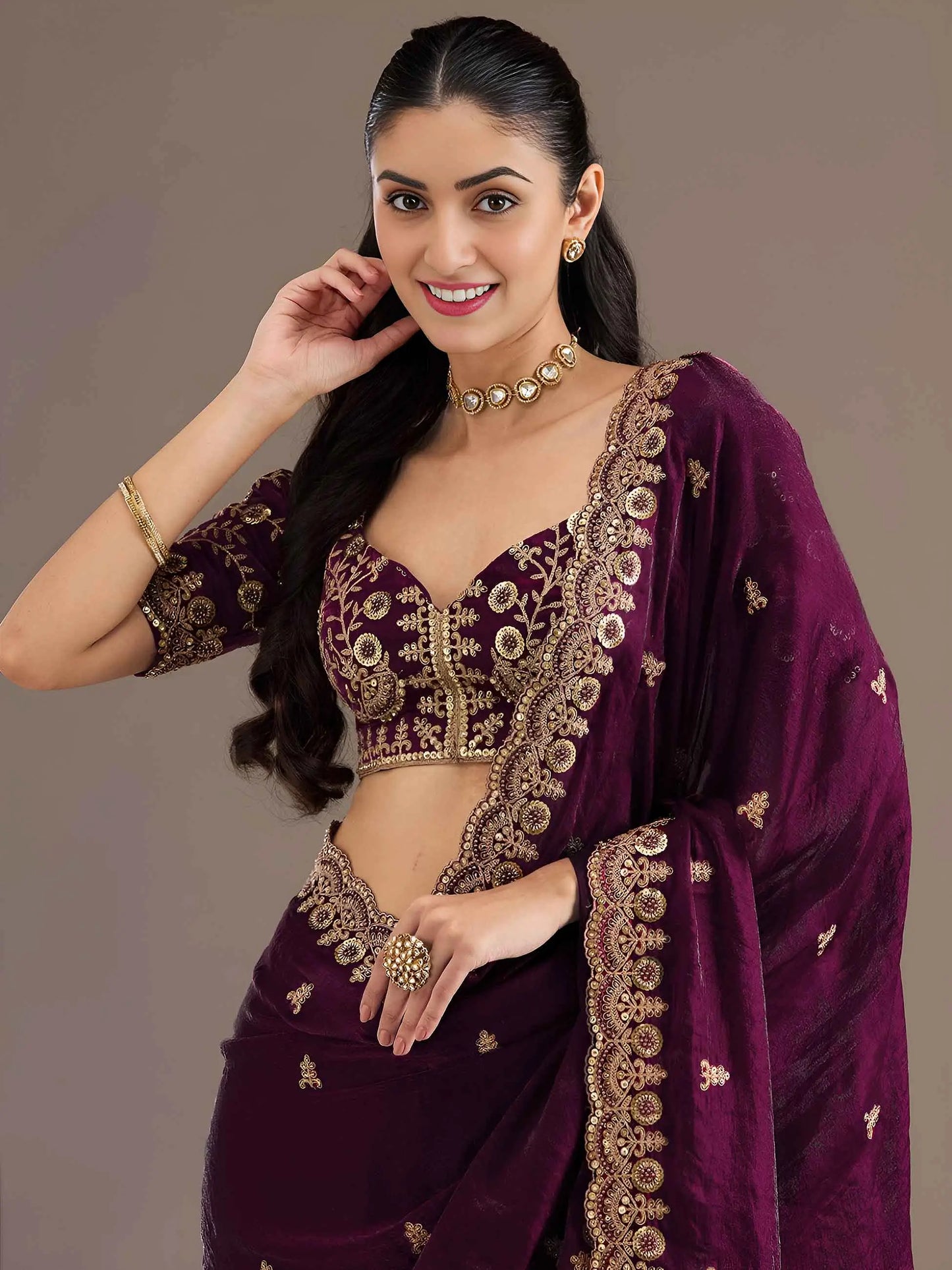Wine Embroidery Pearl Work Tissue Saree