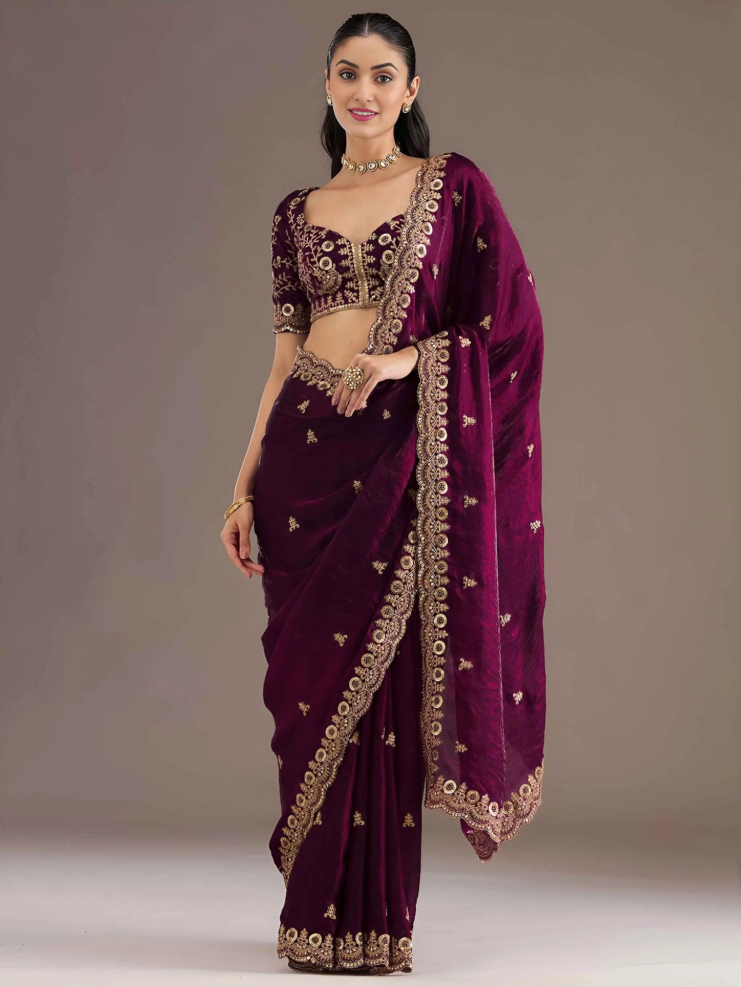 Wine Embroidery Pearl Work Tissue Saree