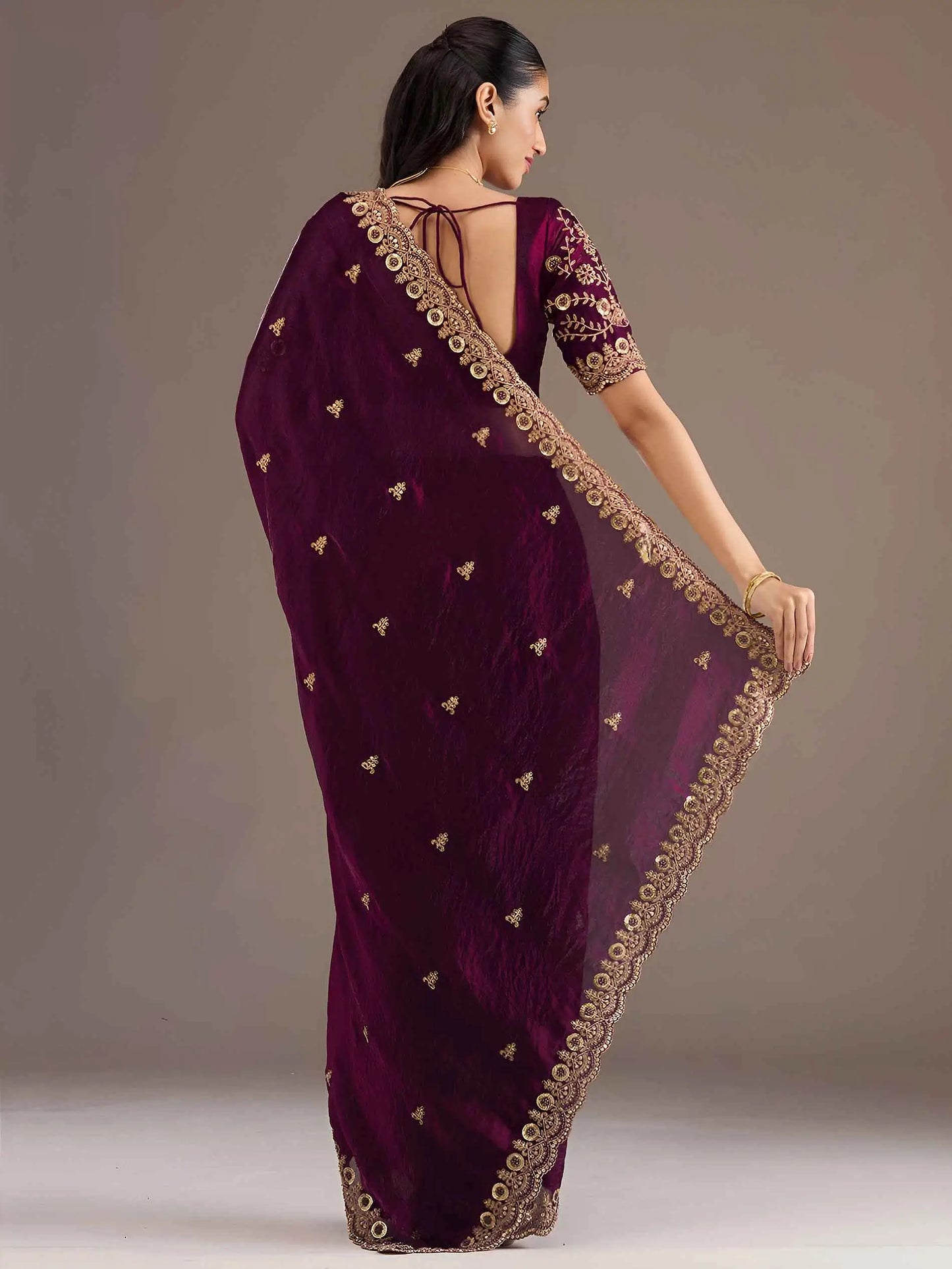 Wine Embroidery Pearl Work Tissue Saree