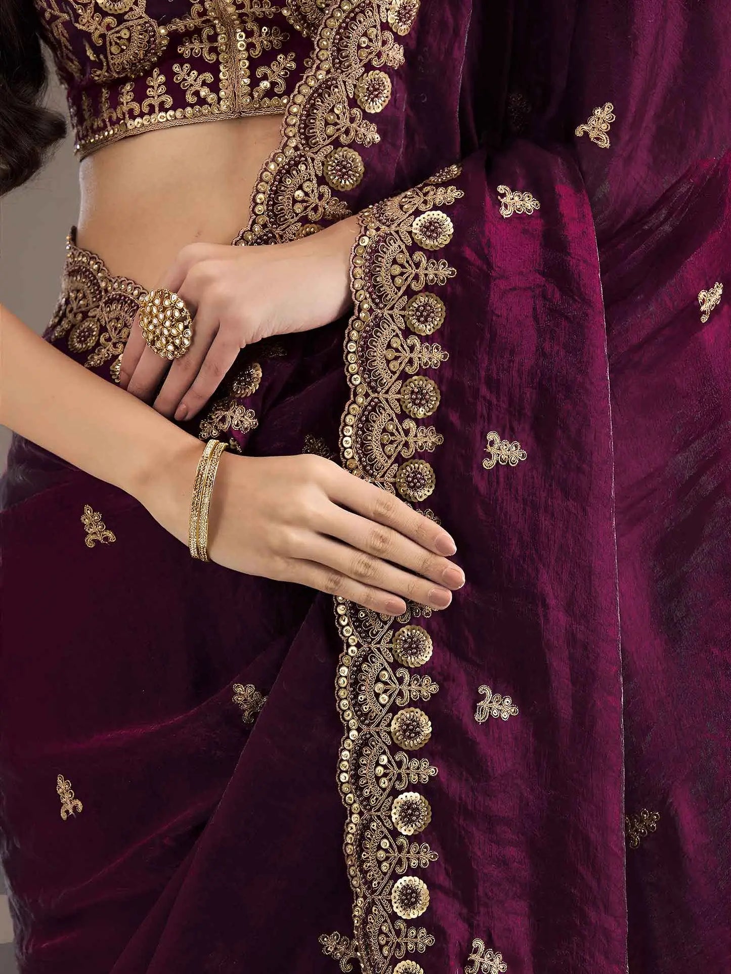 Wine Embroidery Pearl Work Tissue Saree