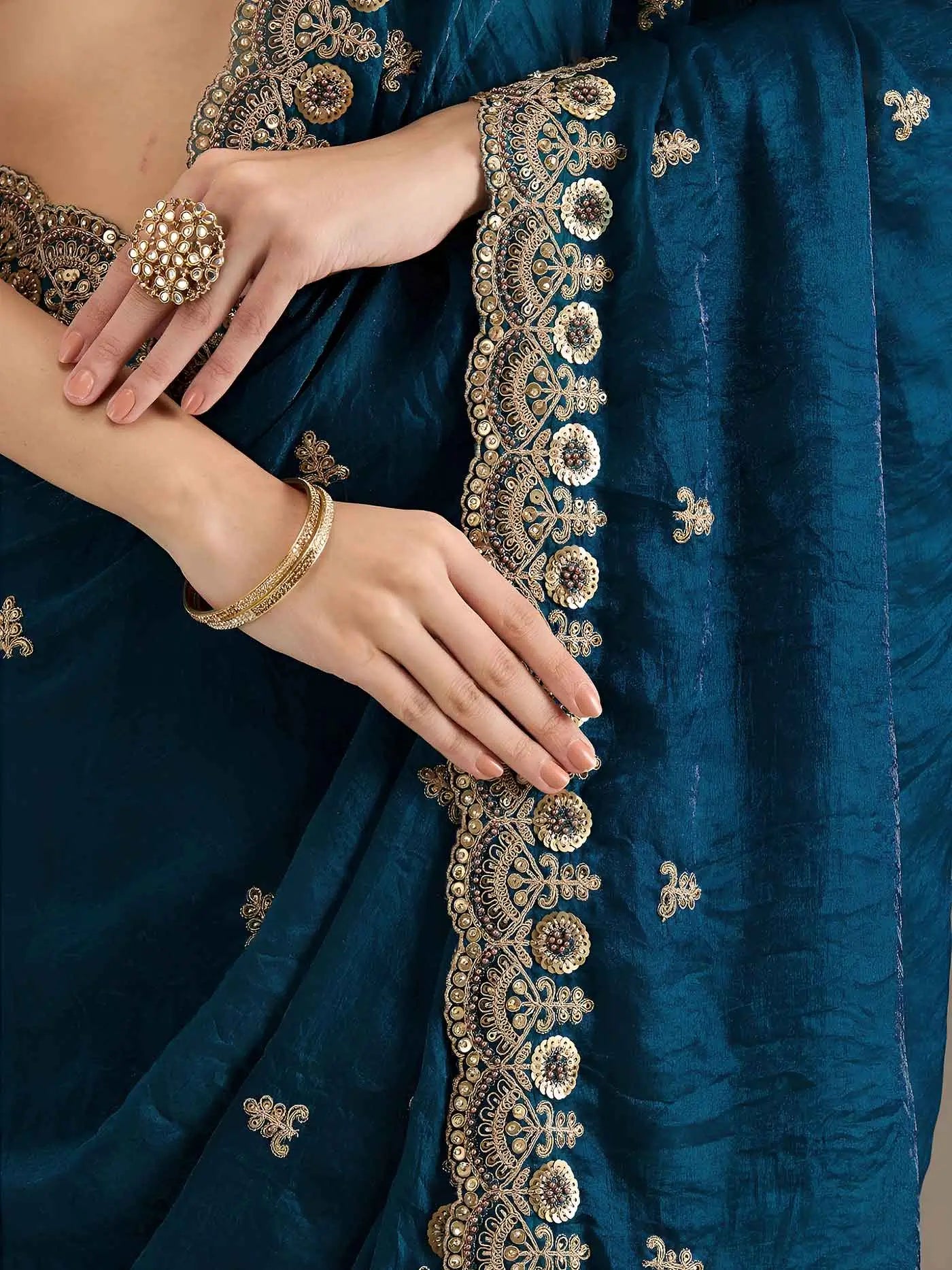 Dove Blue Embroidery Pearl Work Tissue Saree