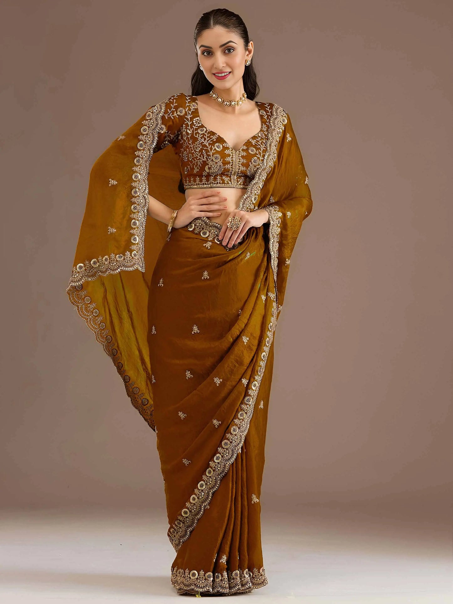 Gold Embroidery Pearl Work Tissue Saree