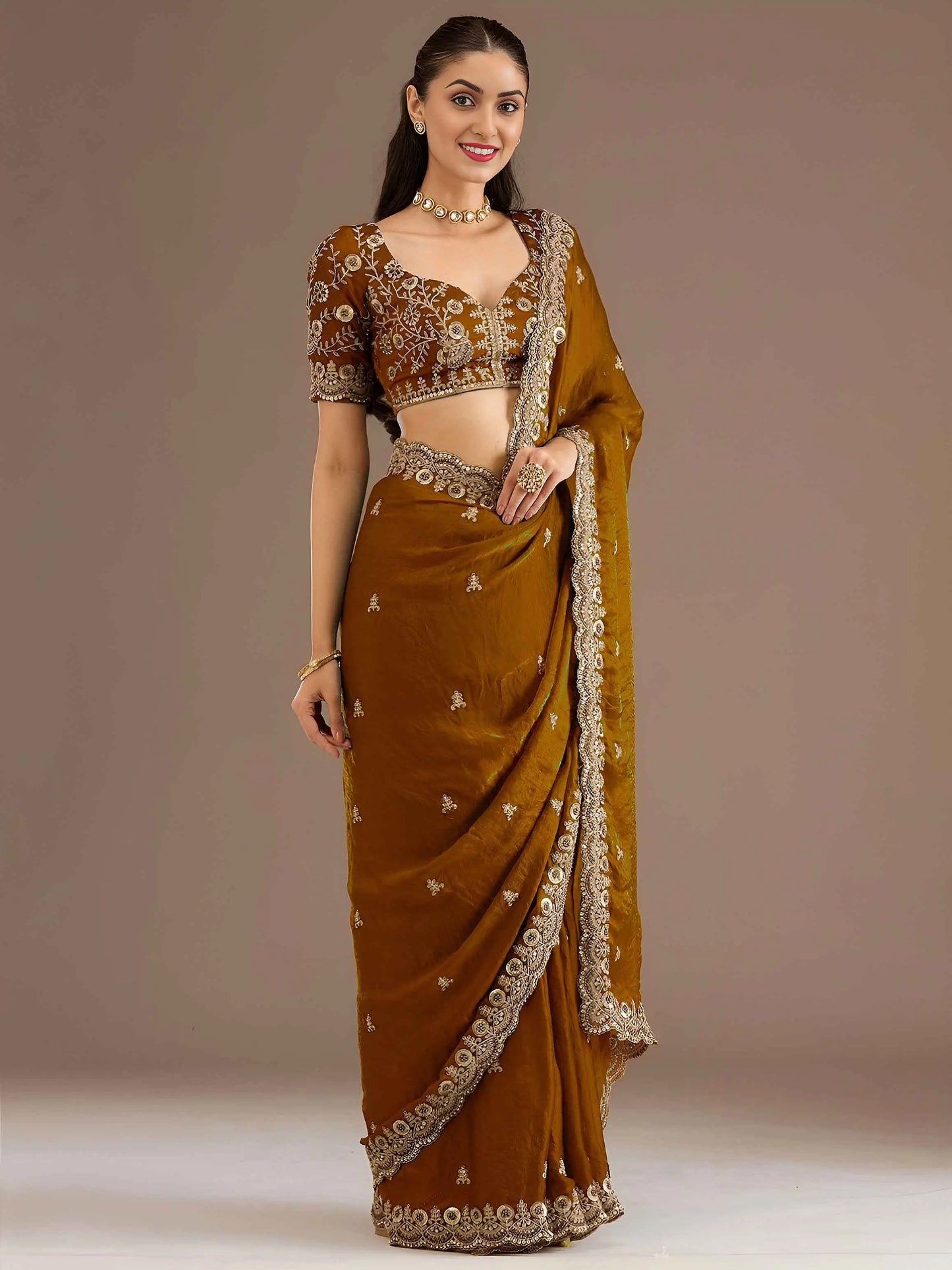 Gold Embroidery Pearl Work Tissue Saree