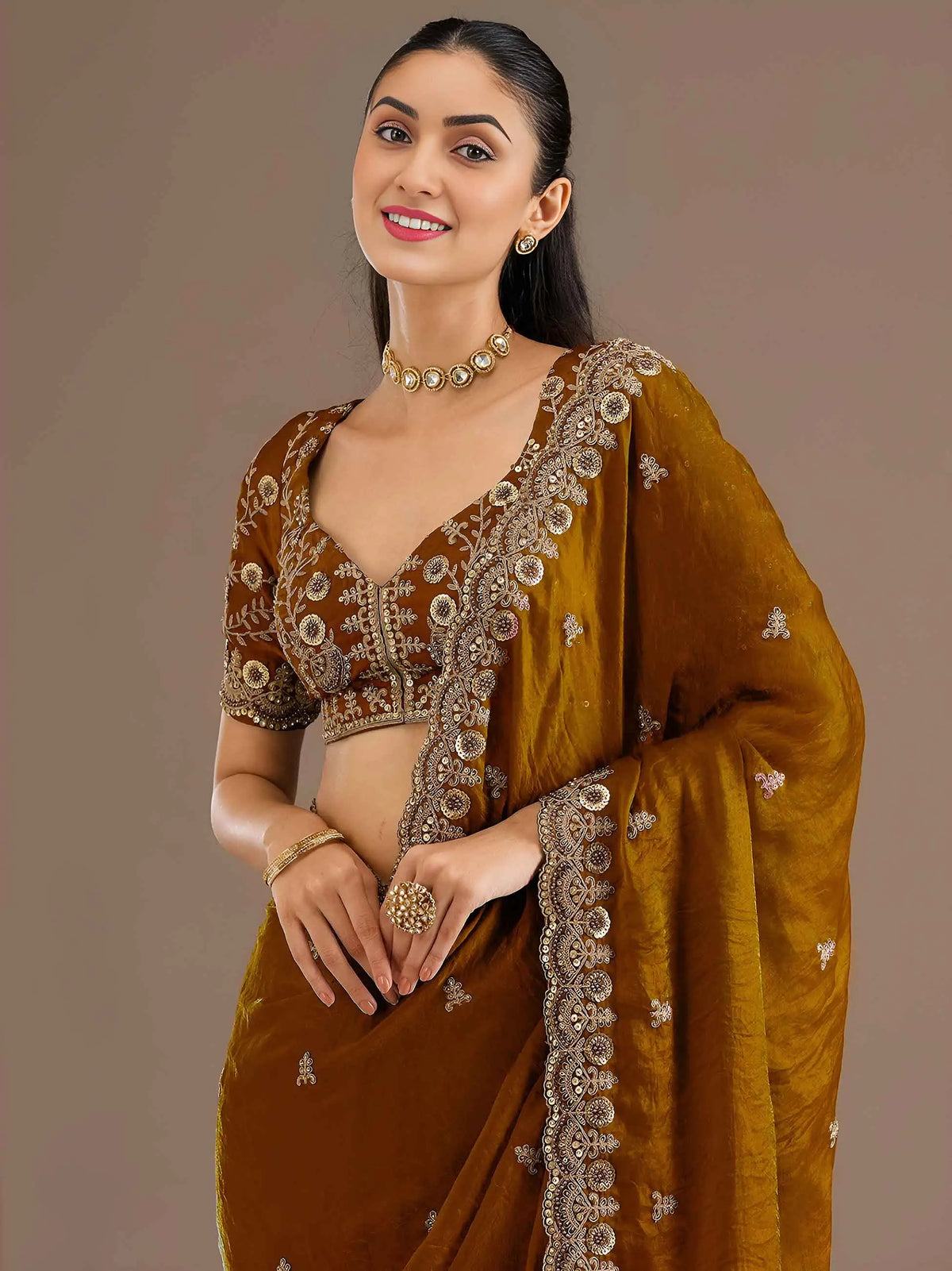 Gold Embroidery Pearl Work Tissue Saree
